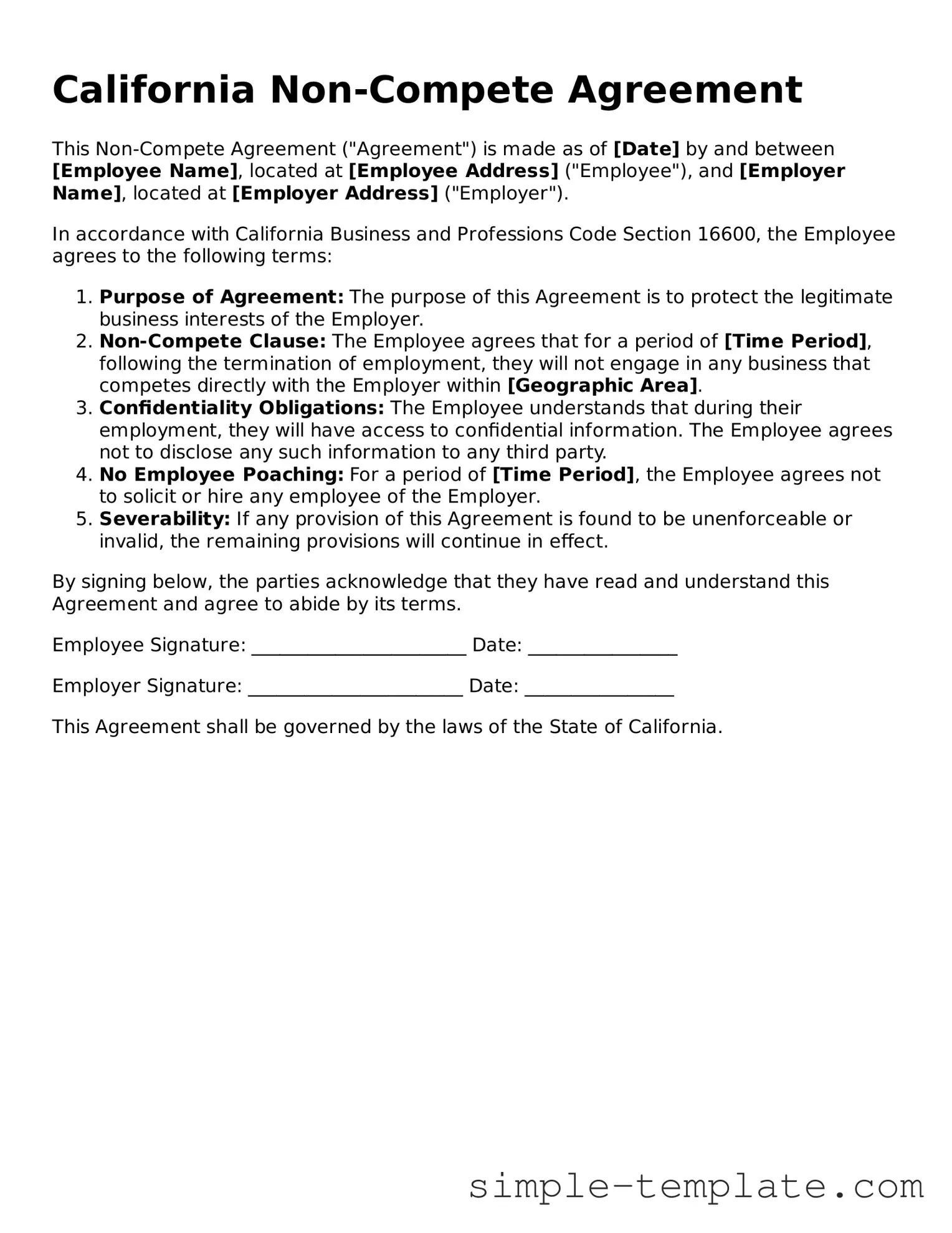 Printable California Non-compete Agreement Document