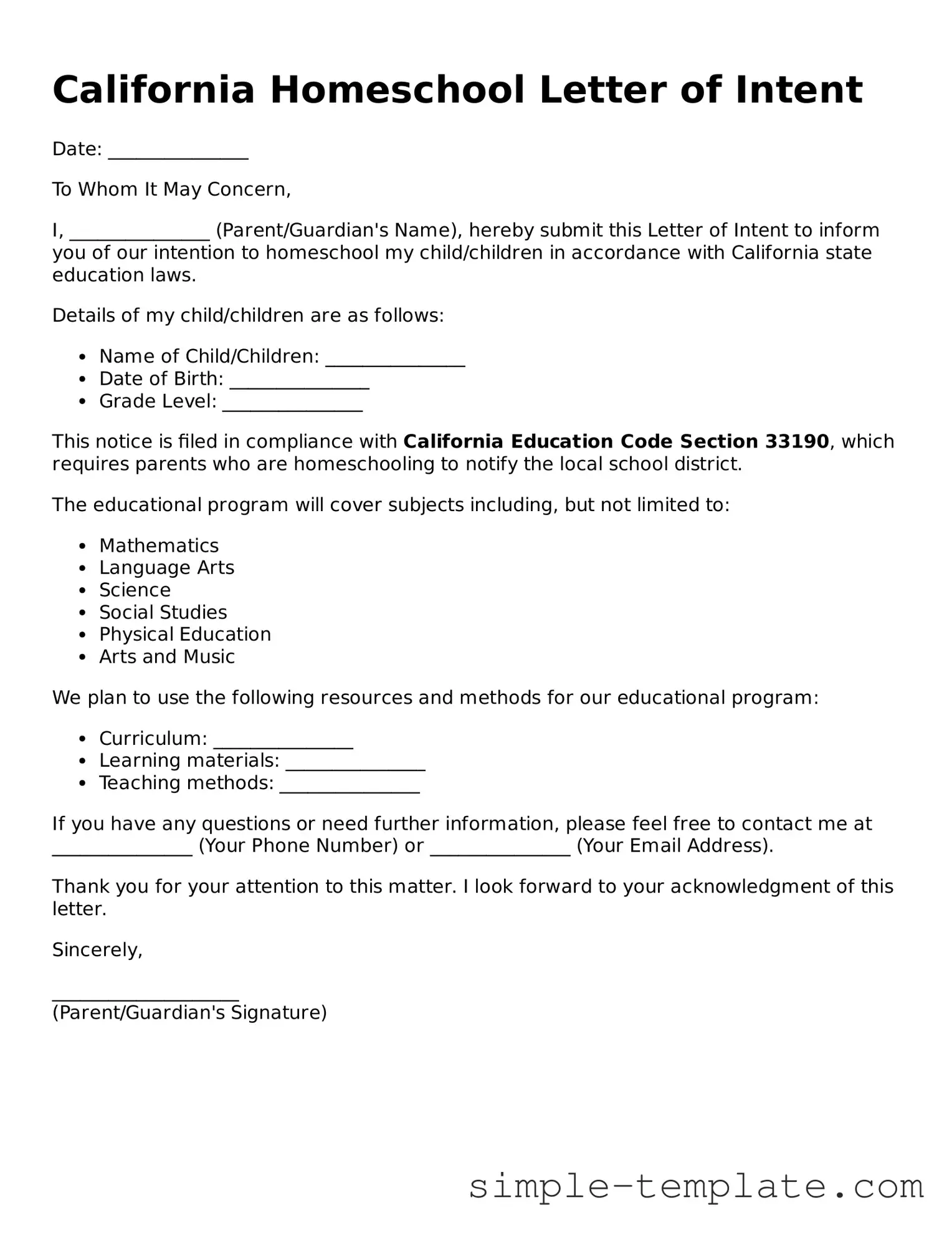 Printable California Homeschool Letter of Intent Document