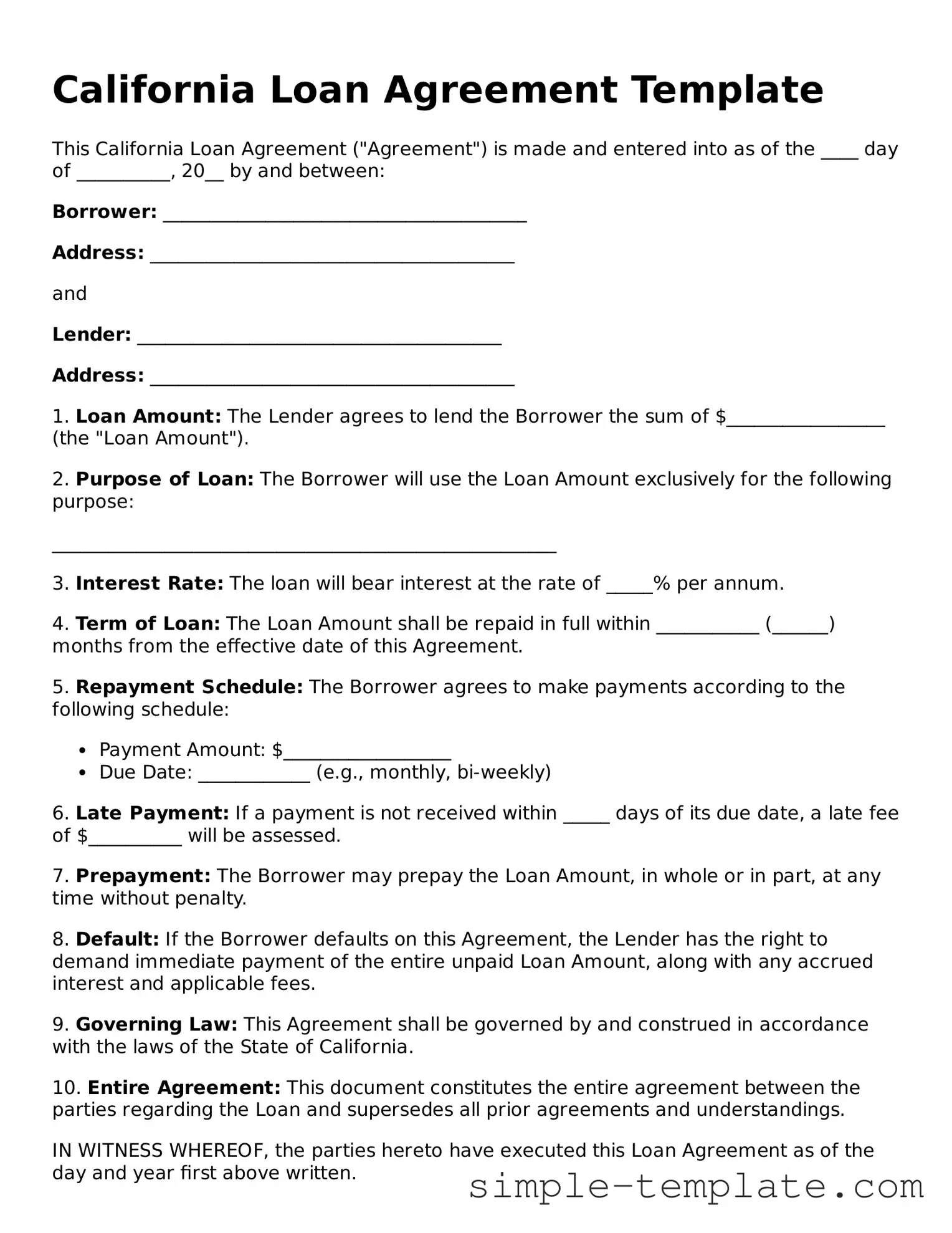 Printable California Loan Agreement Document