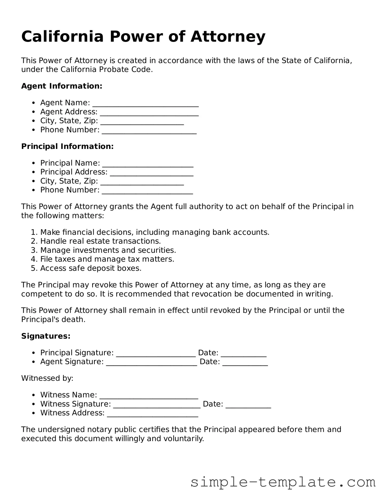 Printable California Power of Attorney Document