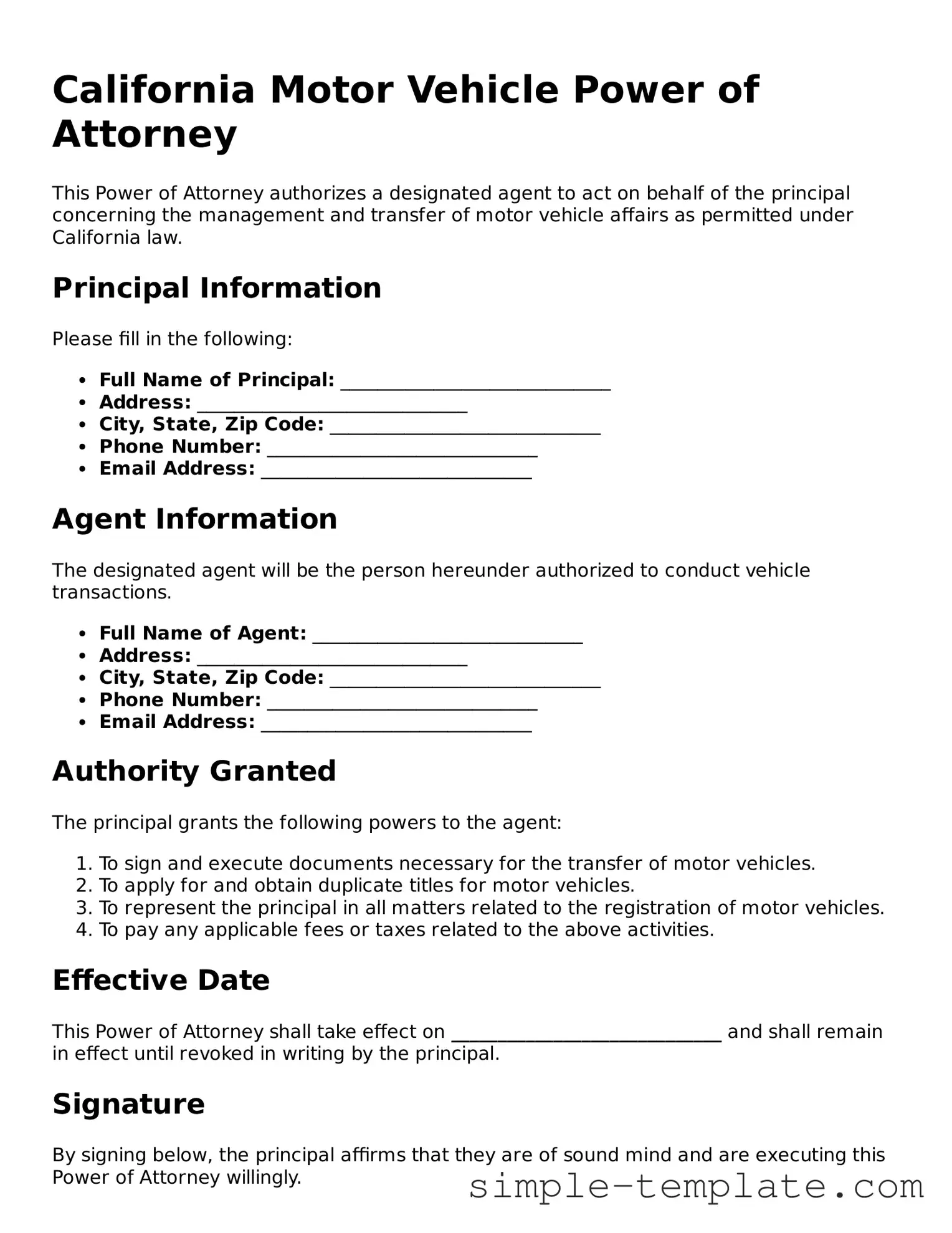 Printable California Motor Vehicle Power of Attorney Document