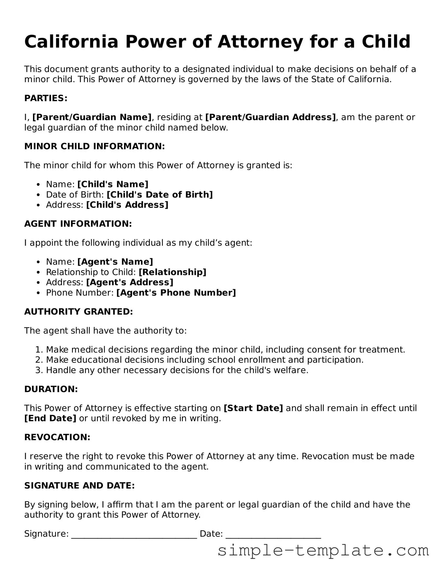 Printable California Power of Attorney for a Child Document
