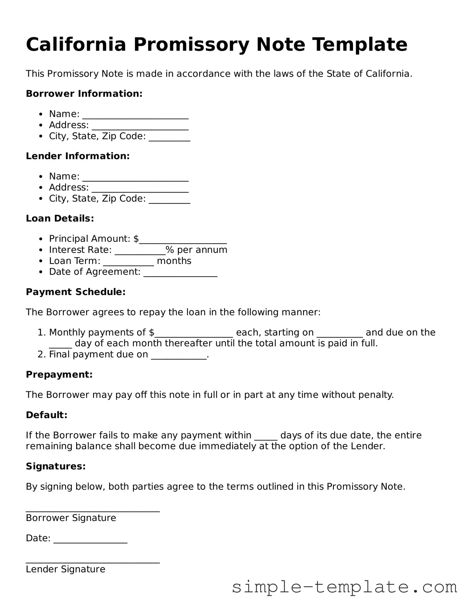 Printable California Promissory Note Document