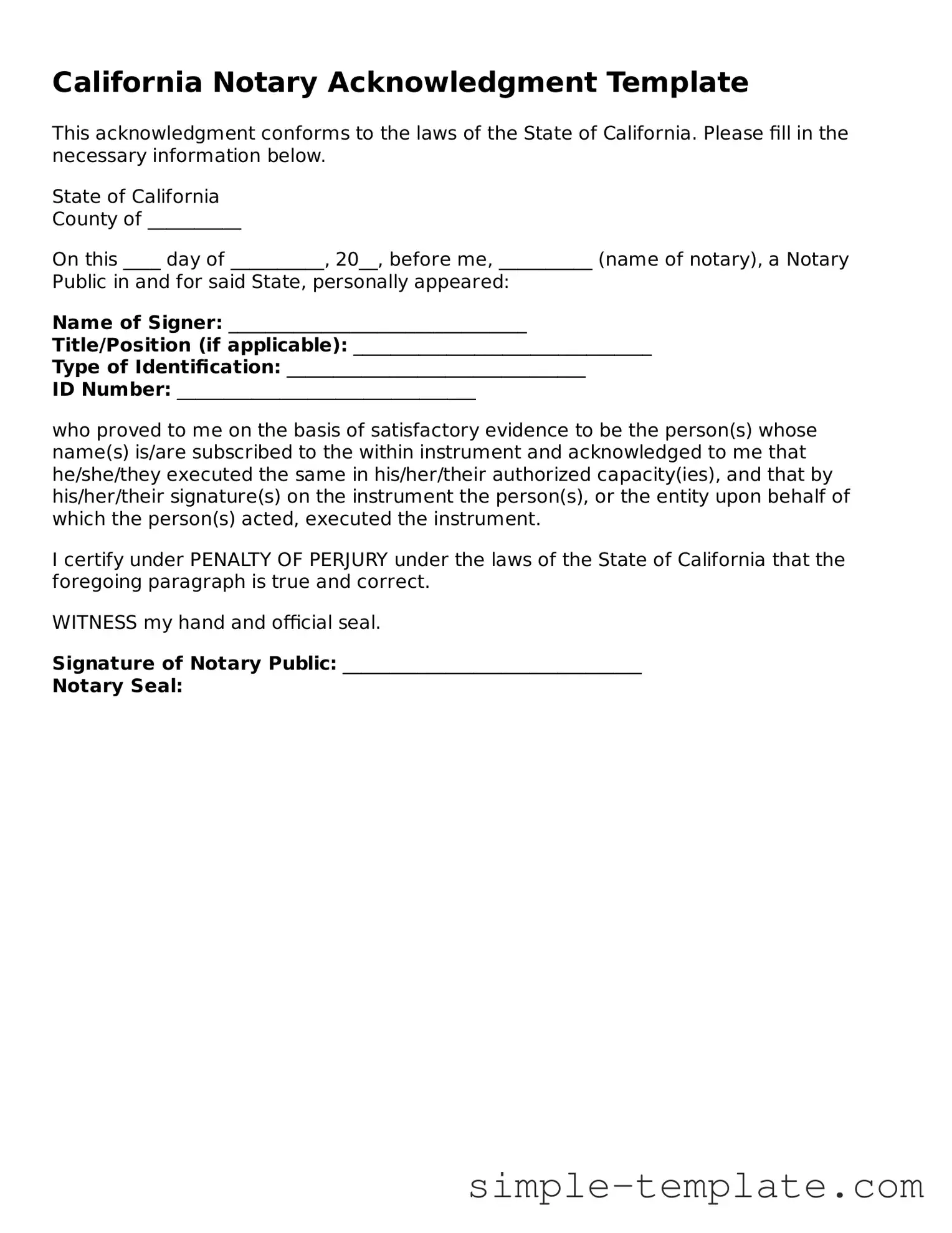 Printable California Notary Acknowledgement Document