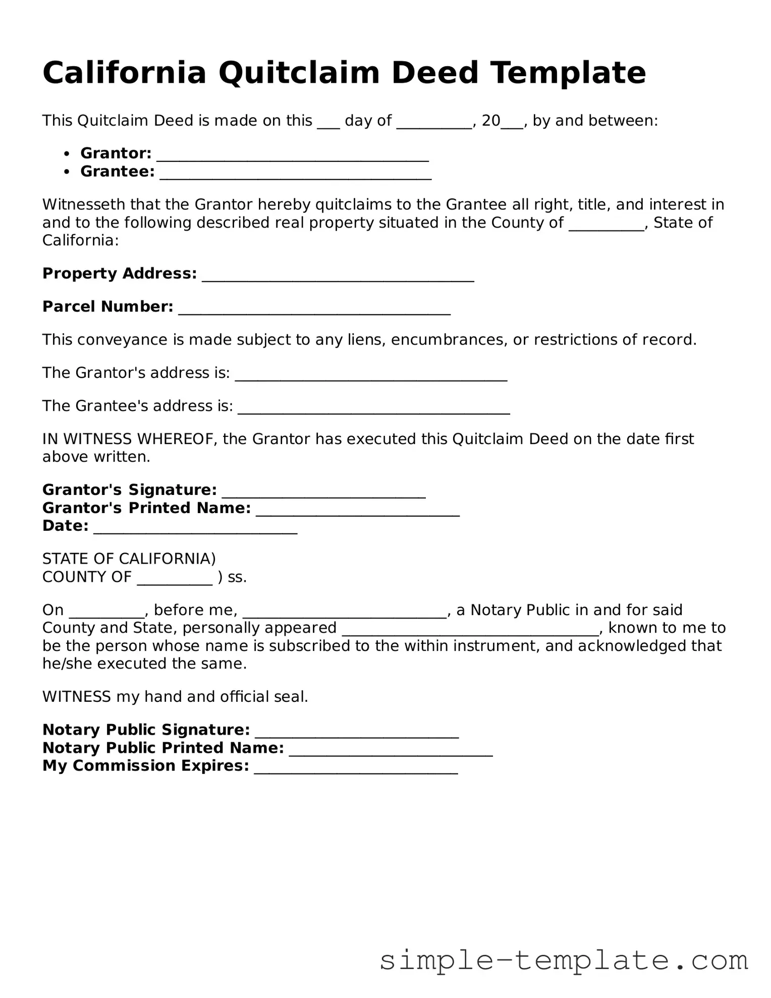 Printable California Quitclaim Deed Document