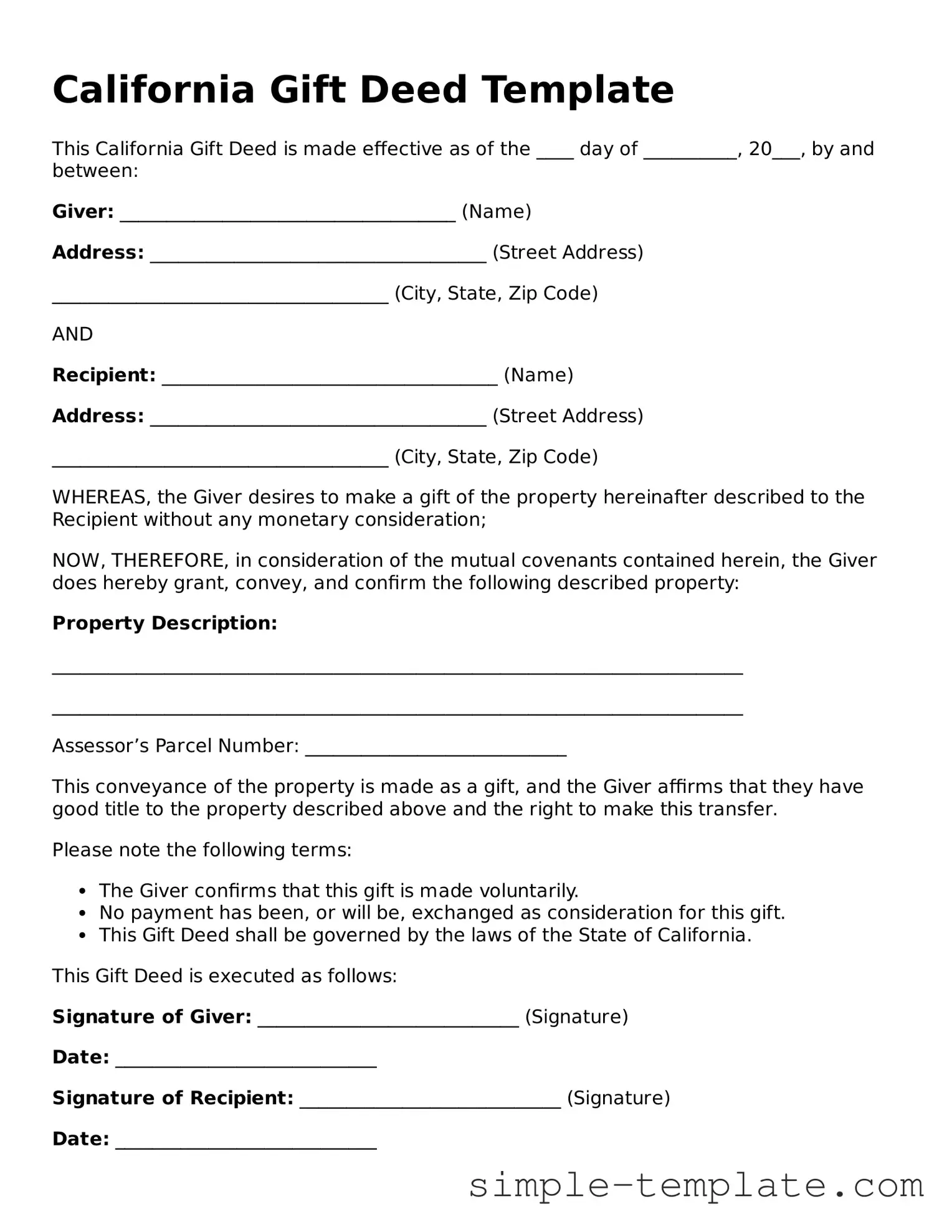 Printable California Gift Deed Document