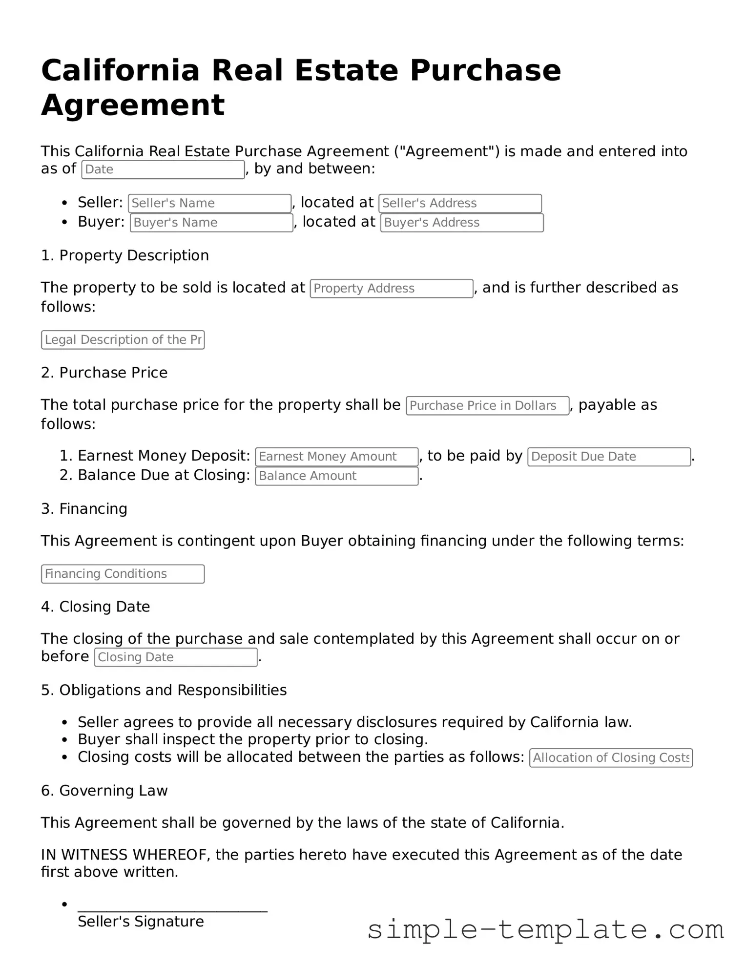 Printable California Real Estate Purchase Agreement Document