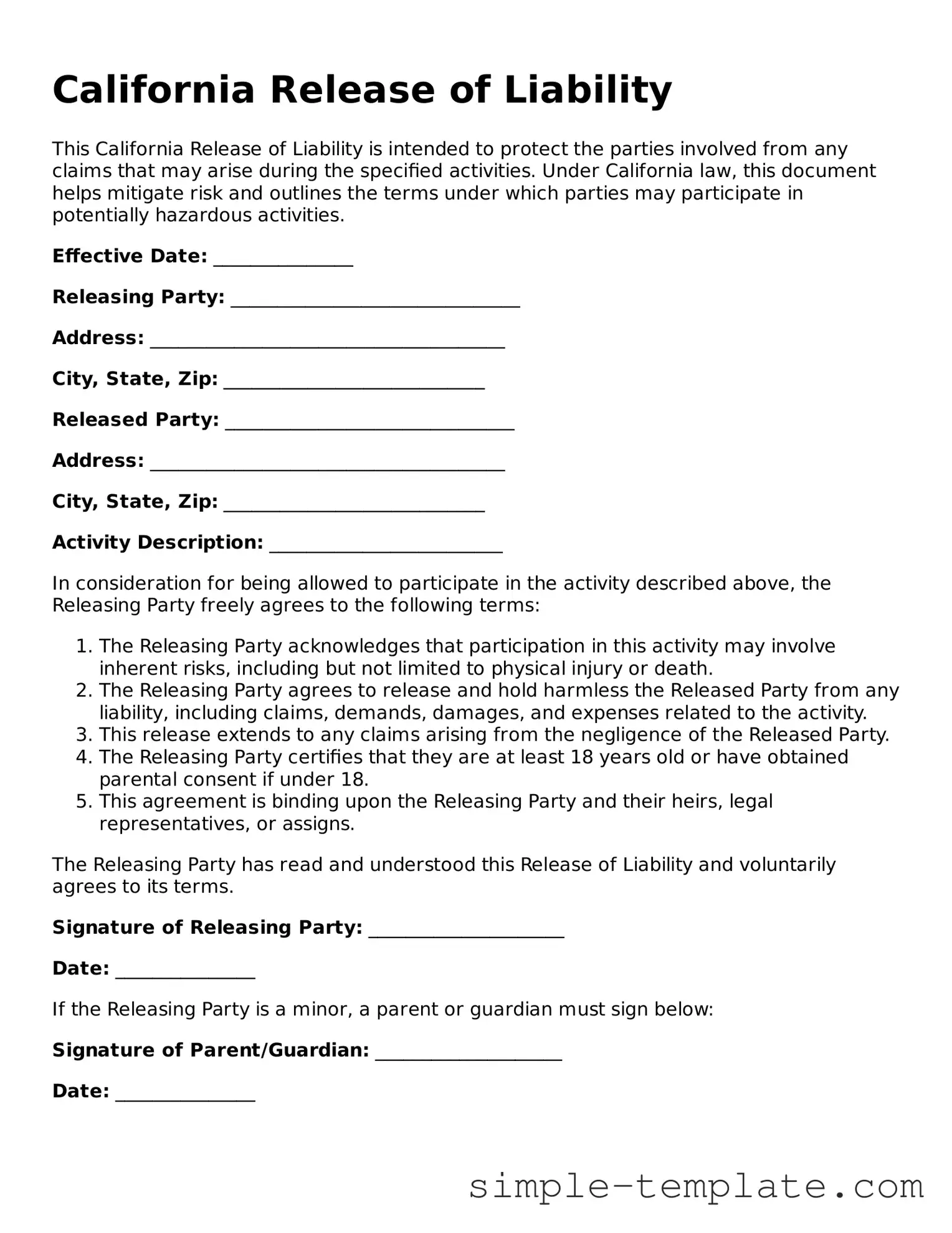 Printable California Release of Liability Document