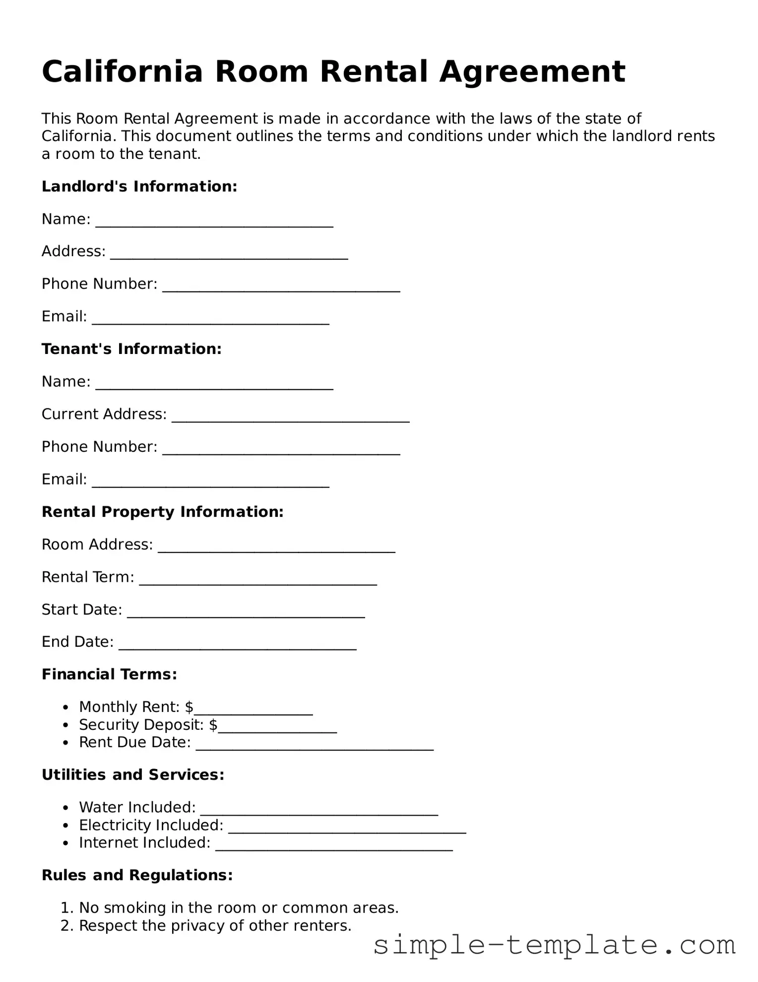 Printable California Room Rental Agreement Document