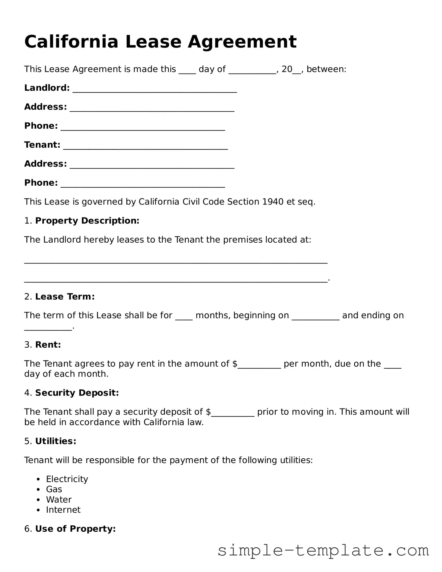 Printable California Lease Agreement Document