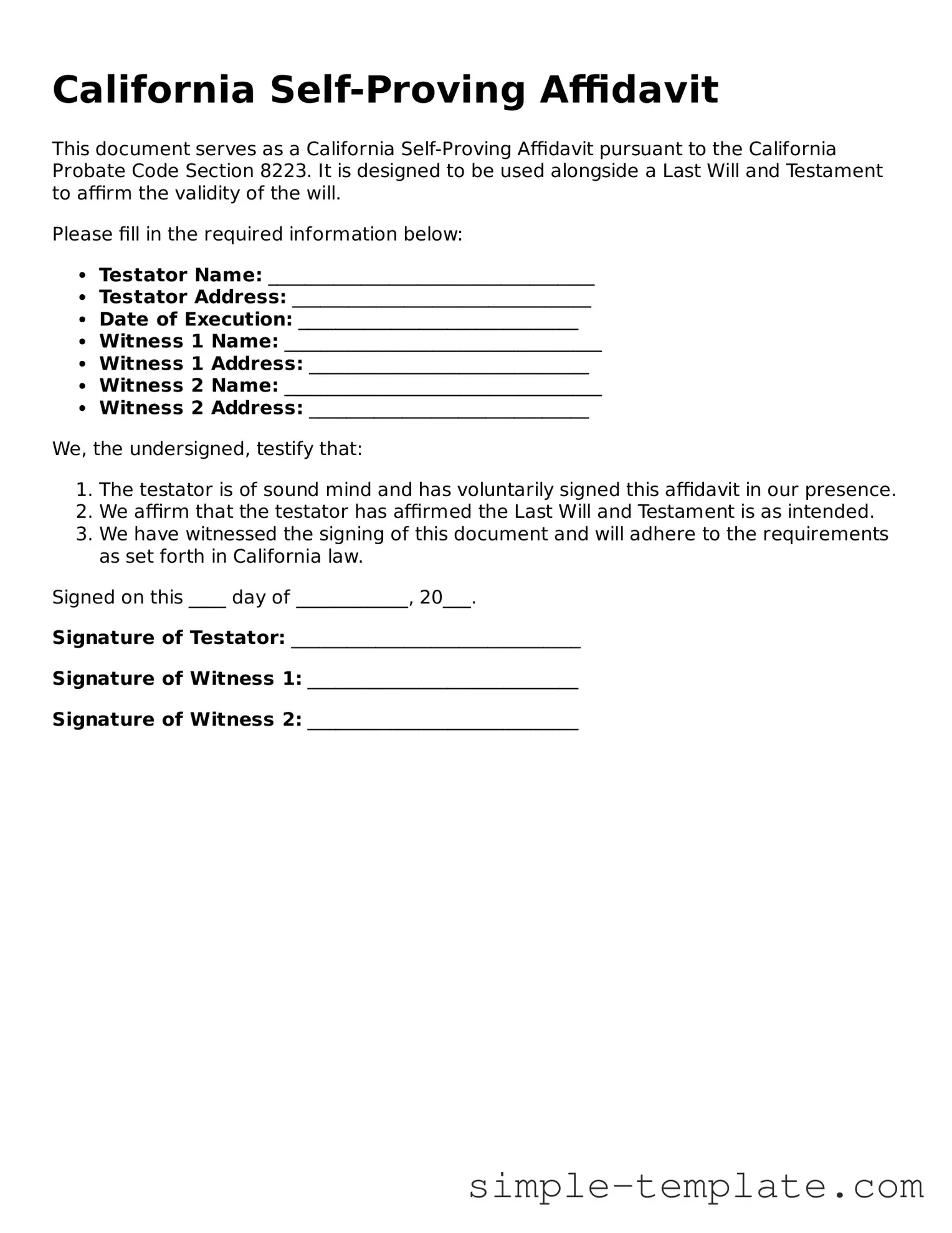 Printable California Self-Proving Affidavit Document
