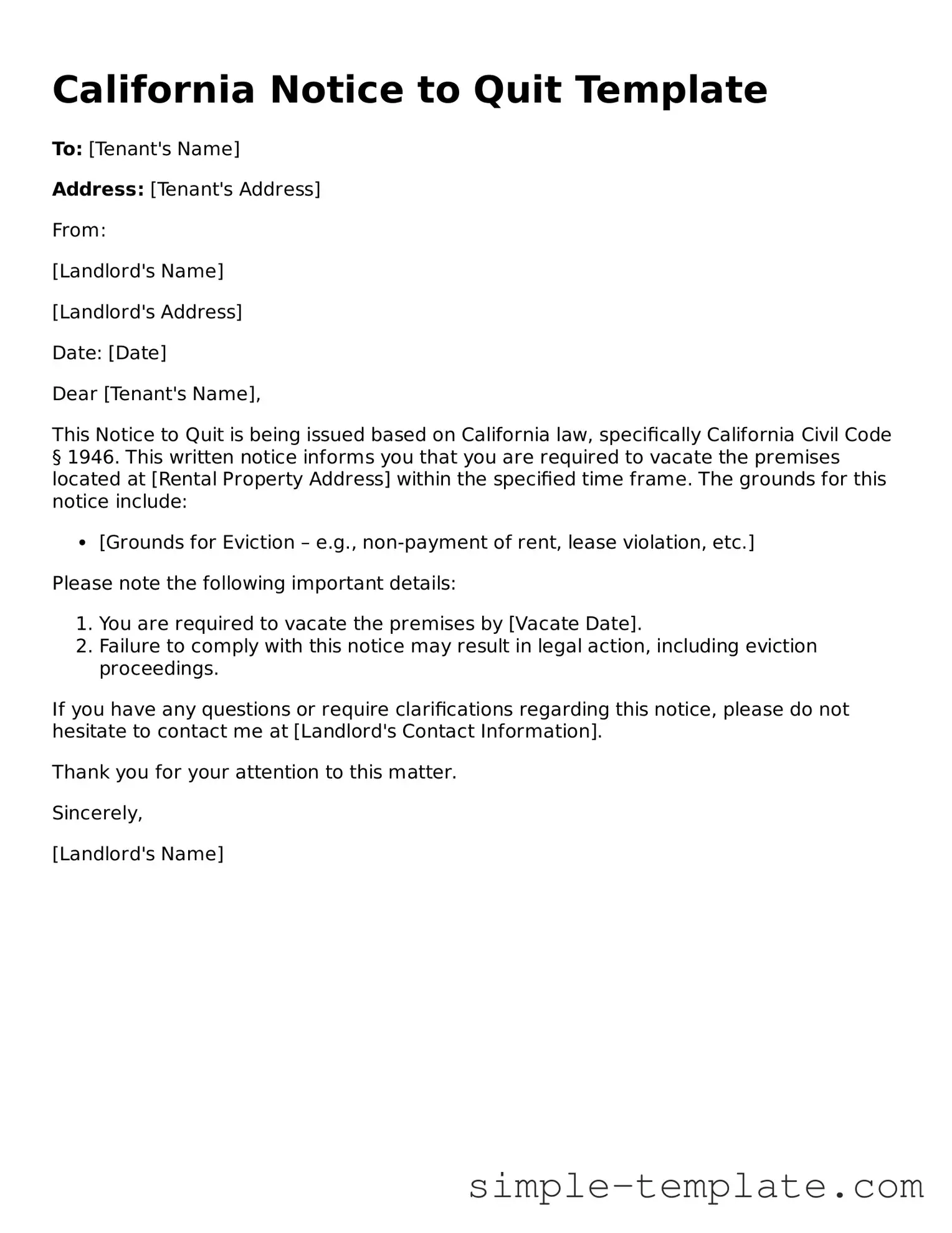 Printable California Notice to Quit Document