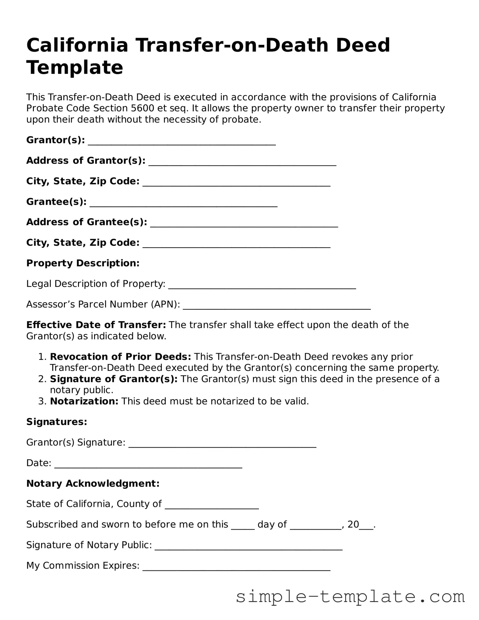 Printable California Transfer-on-Death Deed Document