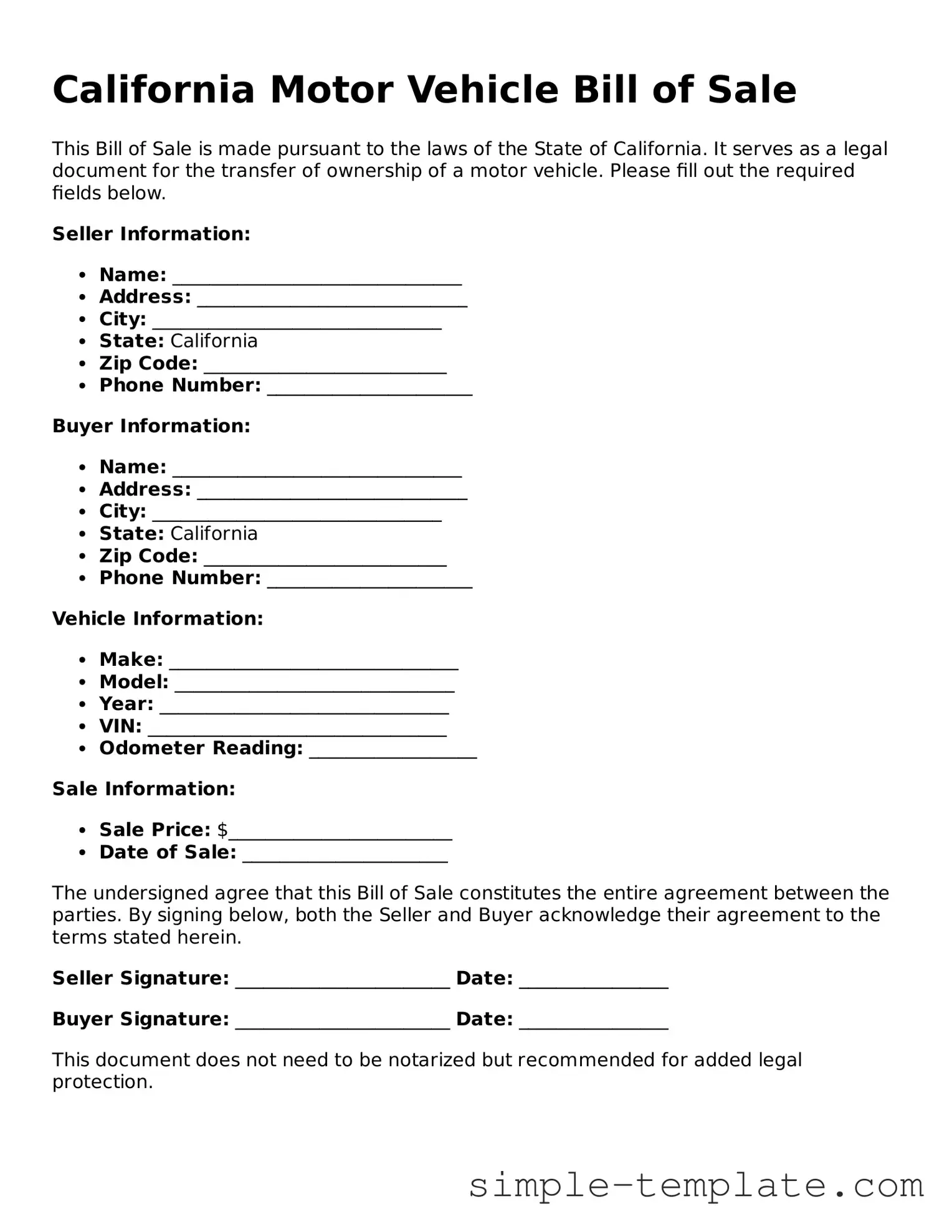 Printable California Motor Vehicle Bill of Sale Document