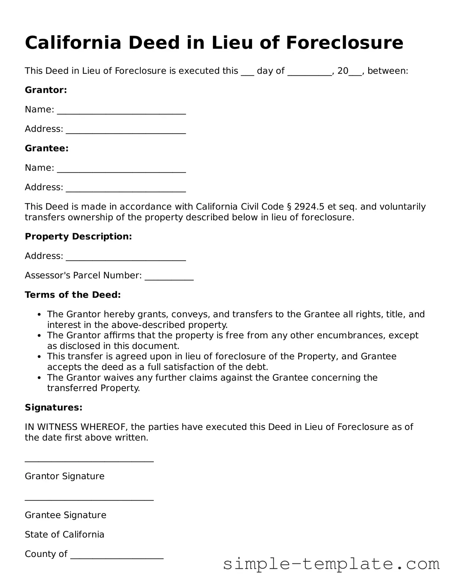 Printable California Deed in Lieu of Foreclosure Document