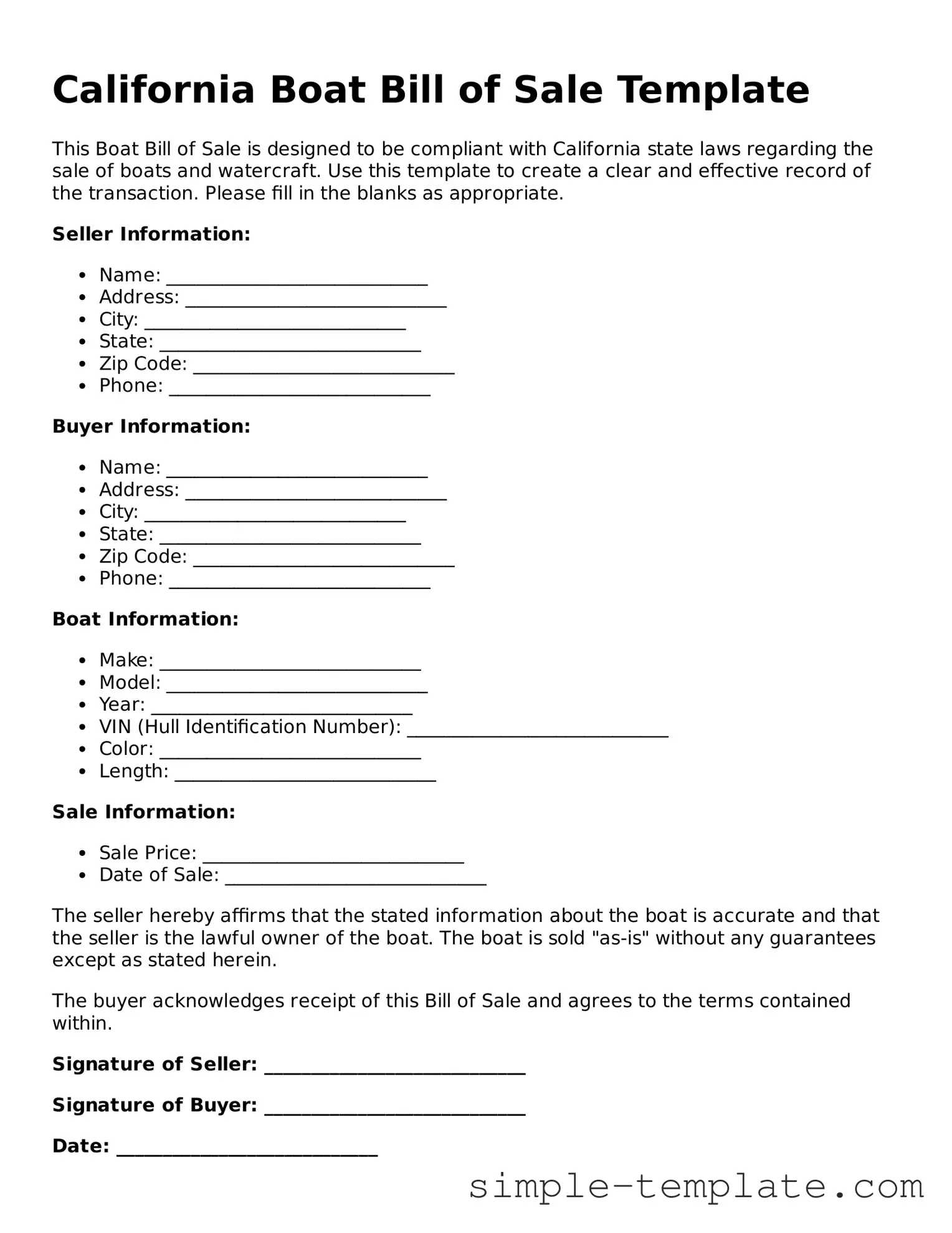 Printable California Boat Bill of Sale Document