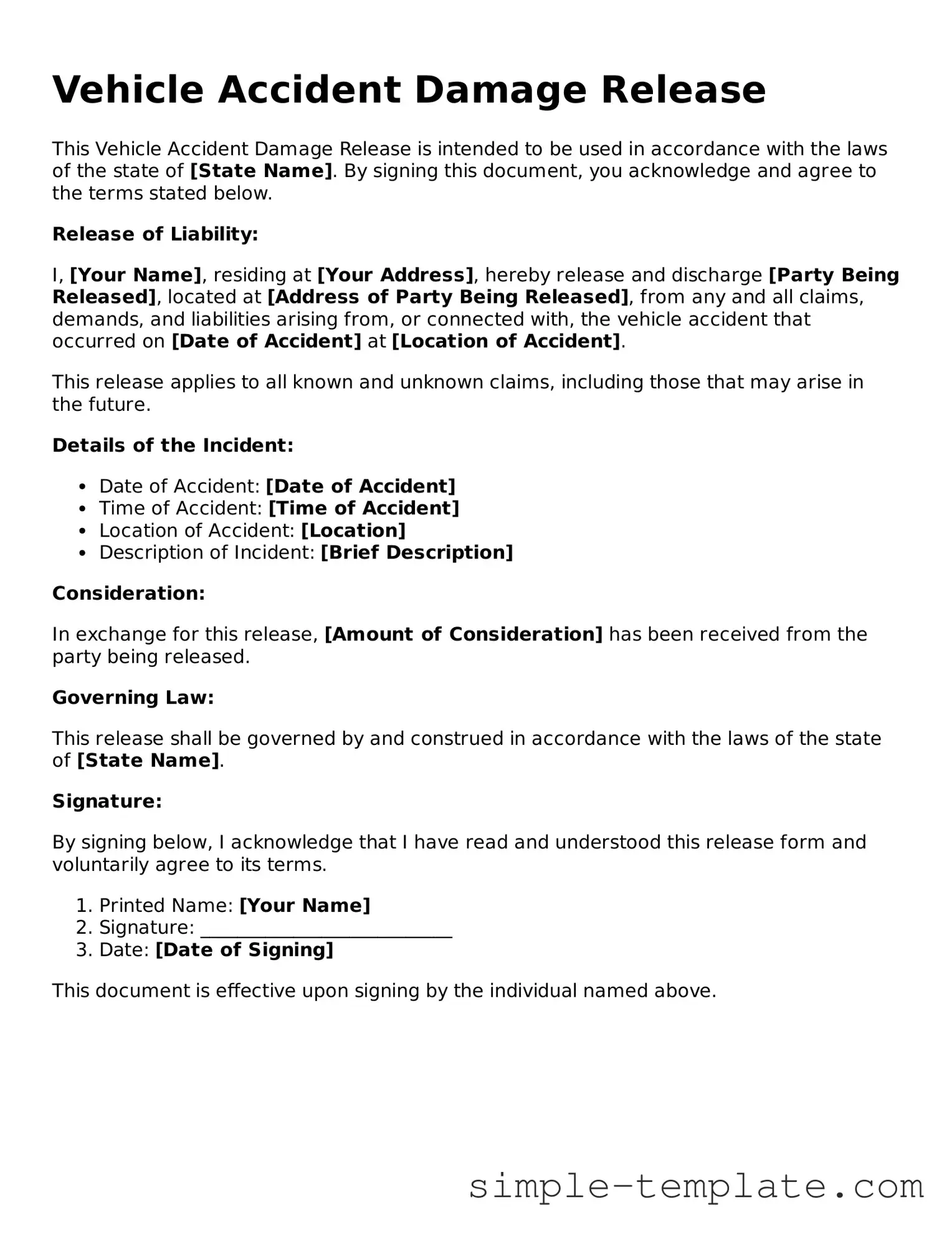 Vehicle Accident Damage Release Form