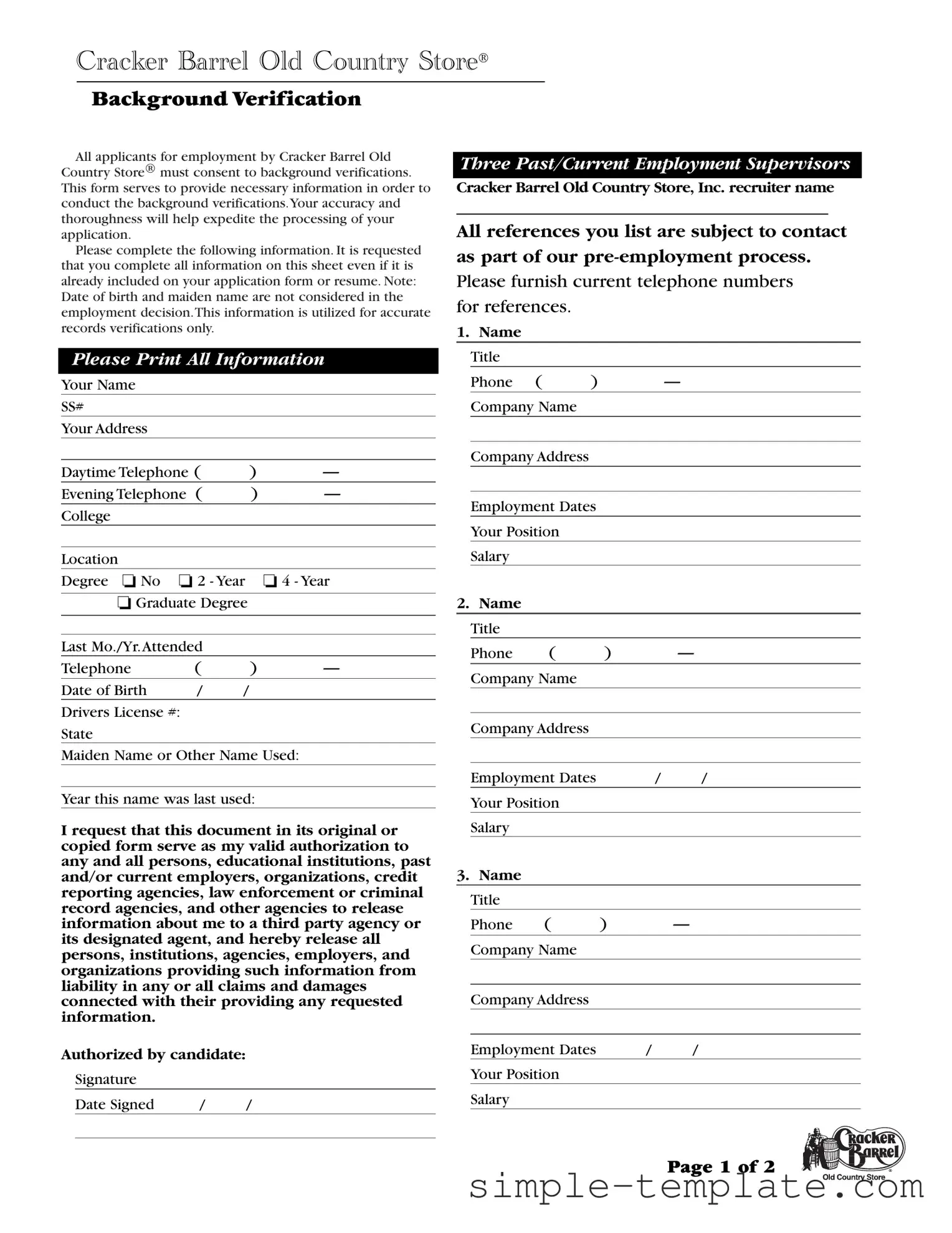 Free Cracker Barrel Background Check Form in PDF