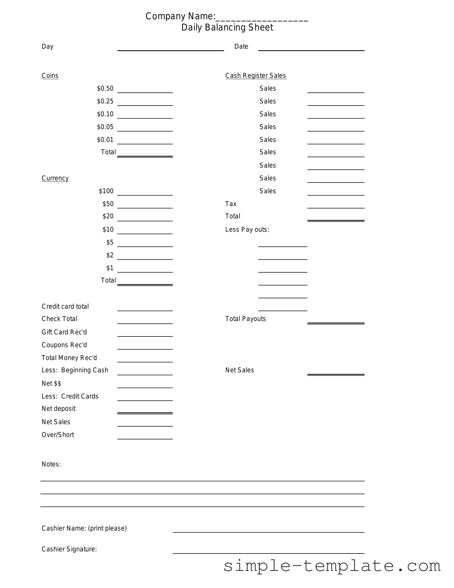 Free Cash Drawer Count Sheet Form in PDF