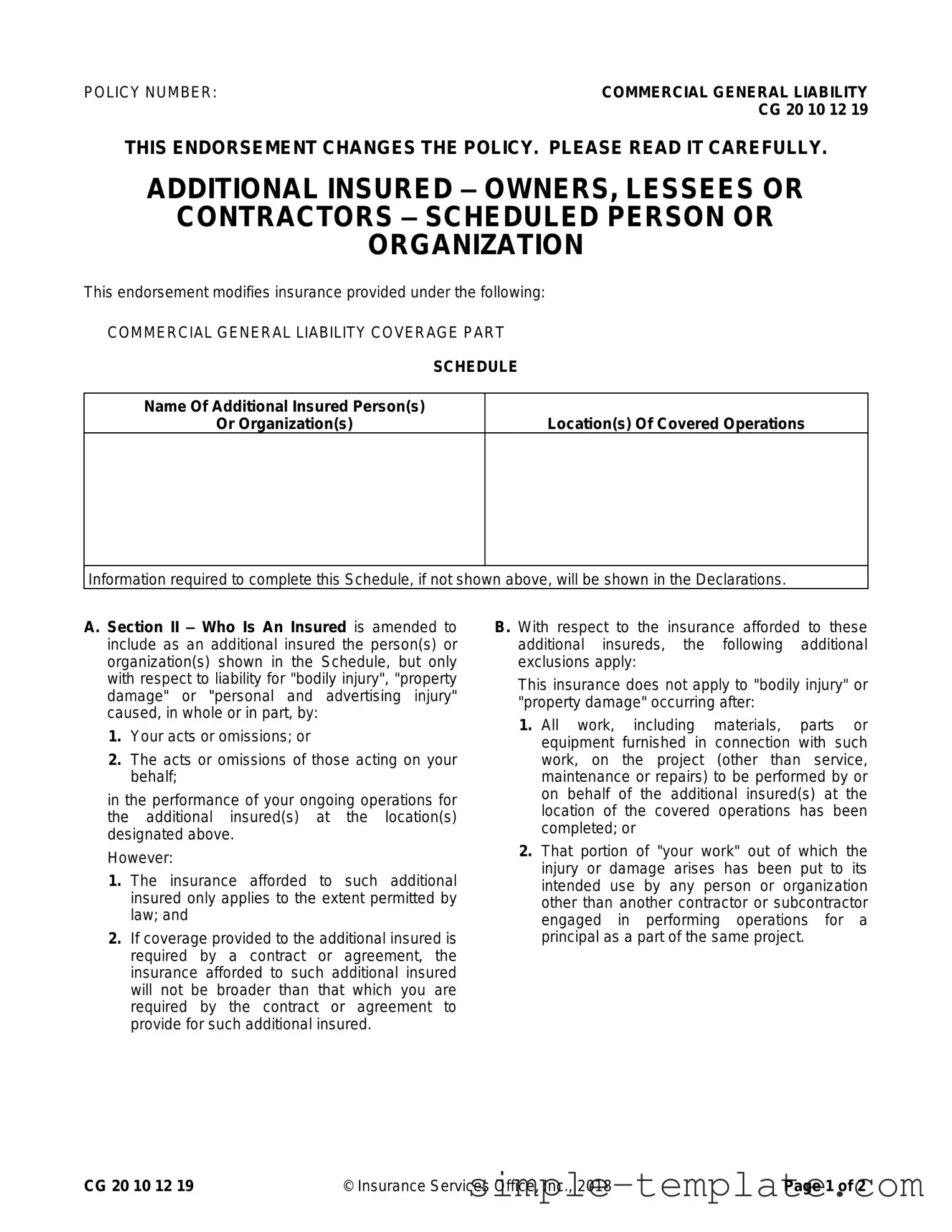 Free Cg 20 10 07 04 Liability Endorsement Form in PDF
