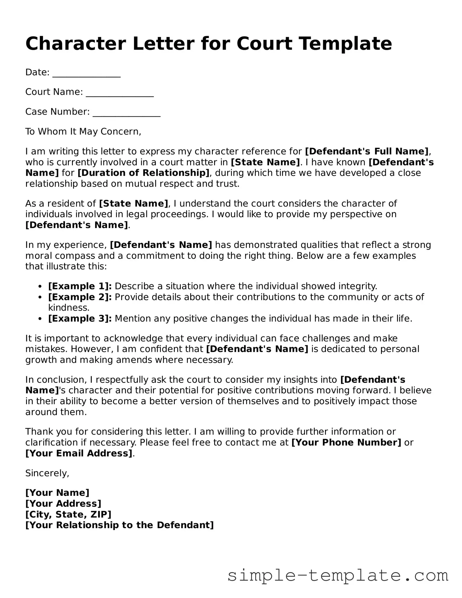 Character Letter for Court Form