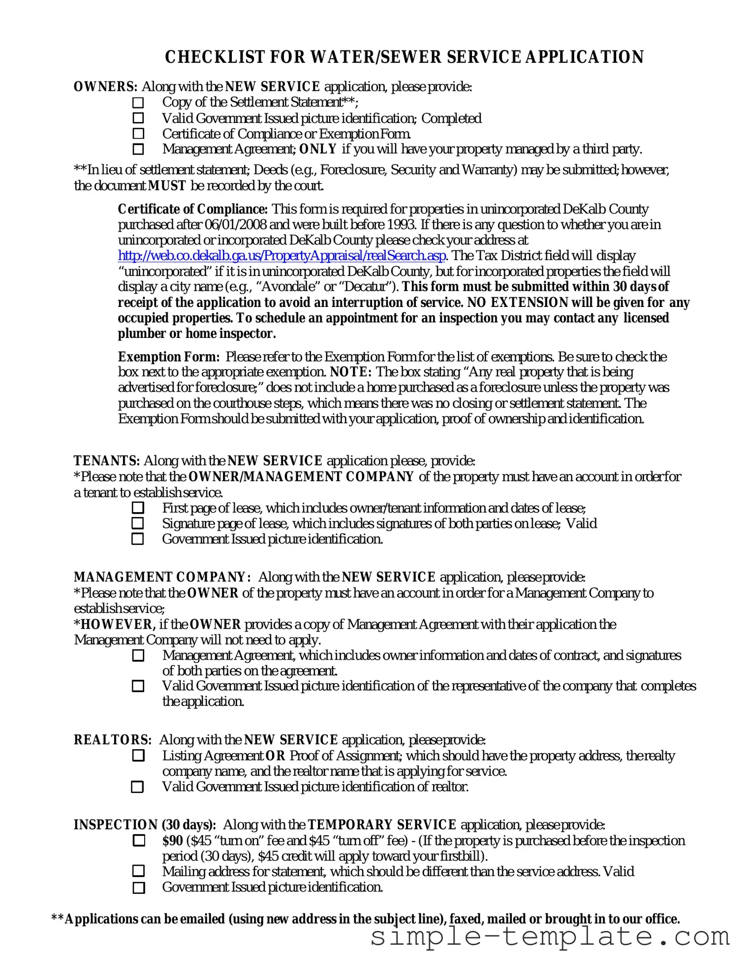 Free Dekalb County Water Application Form in PDF