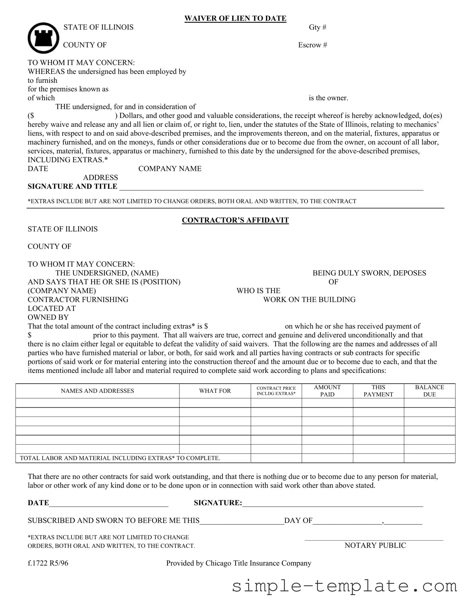 Free Chicago Title Waiver Format Form in PDF