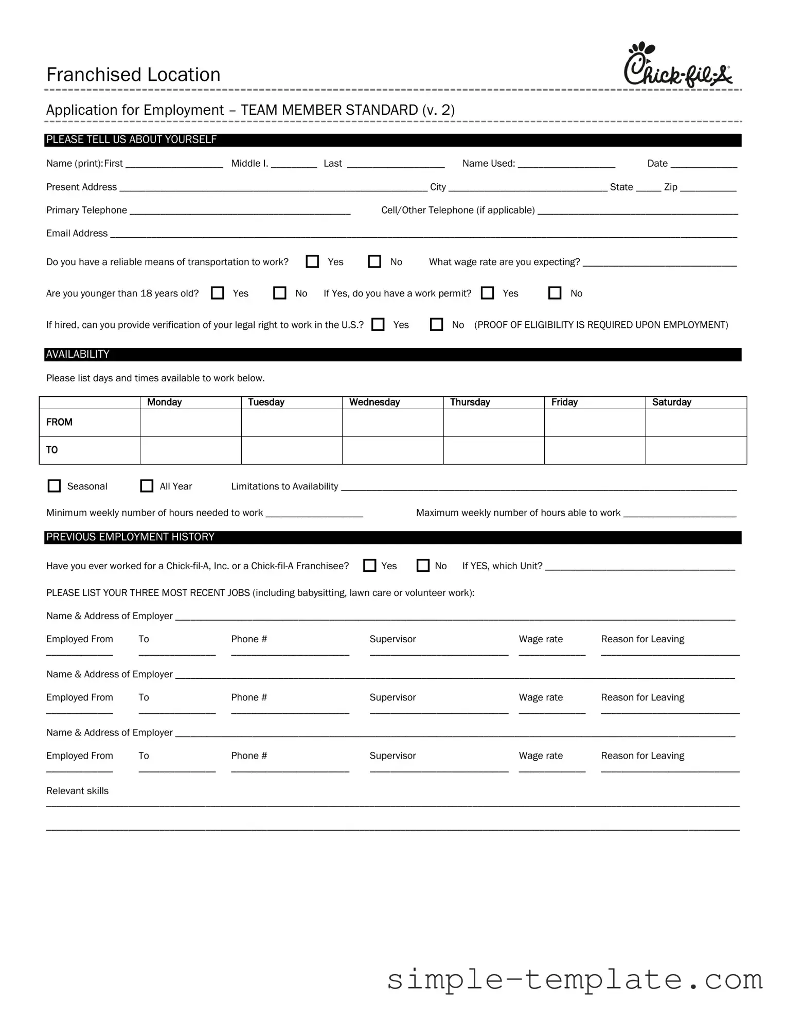 Free Chick Fil A Job Application Form in PDF