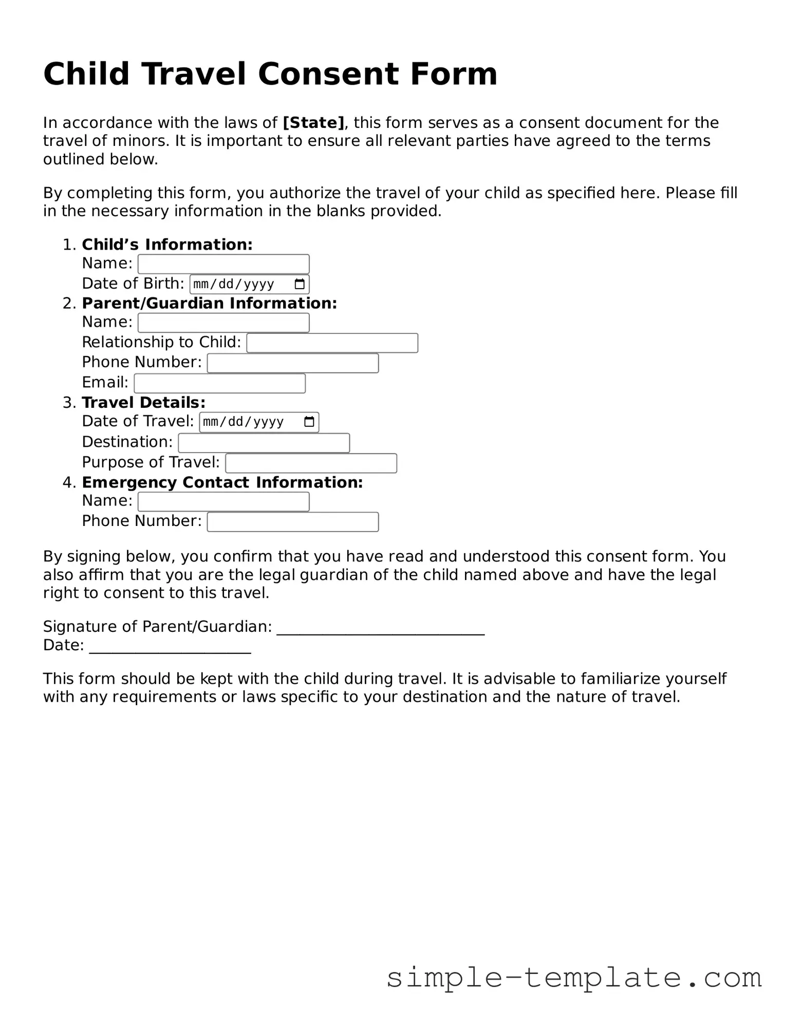 Child Travel Consent Form Form