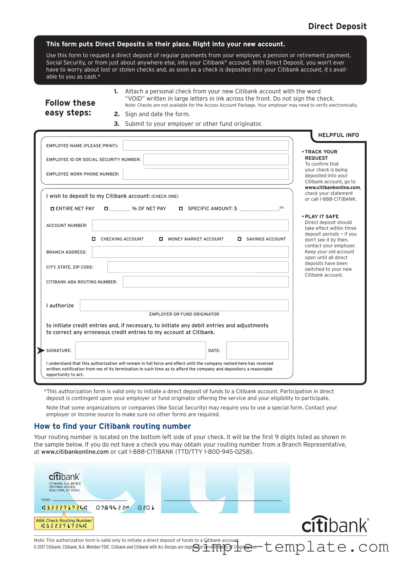 Free Citibank Direct Deposit Form in PDF