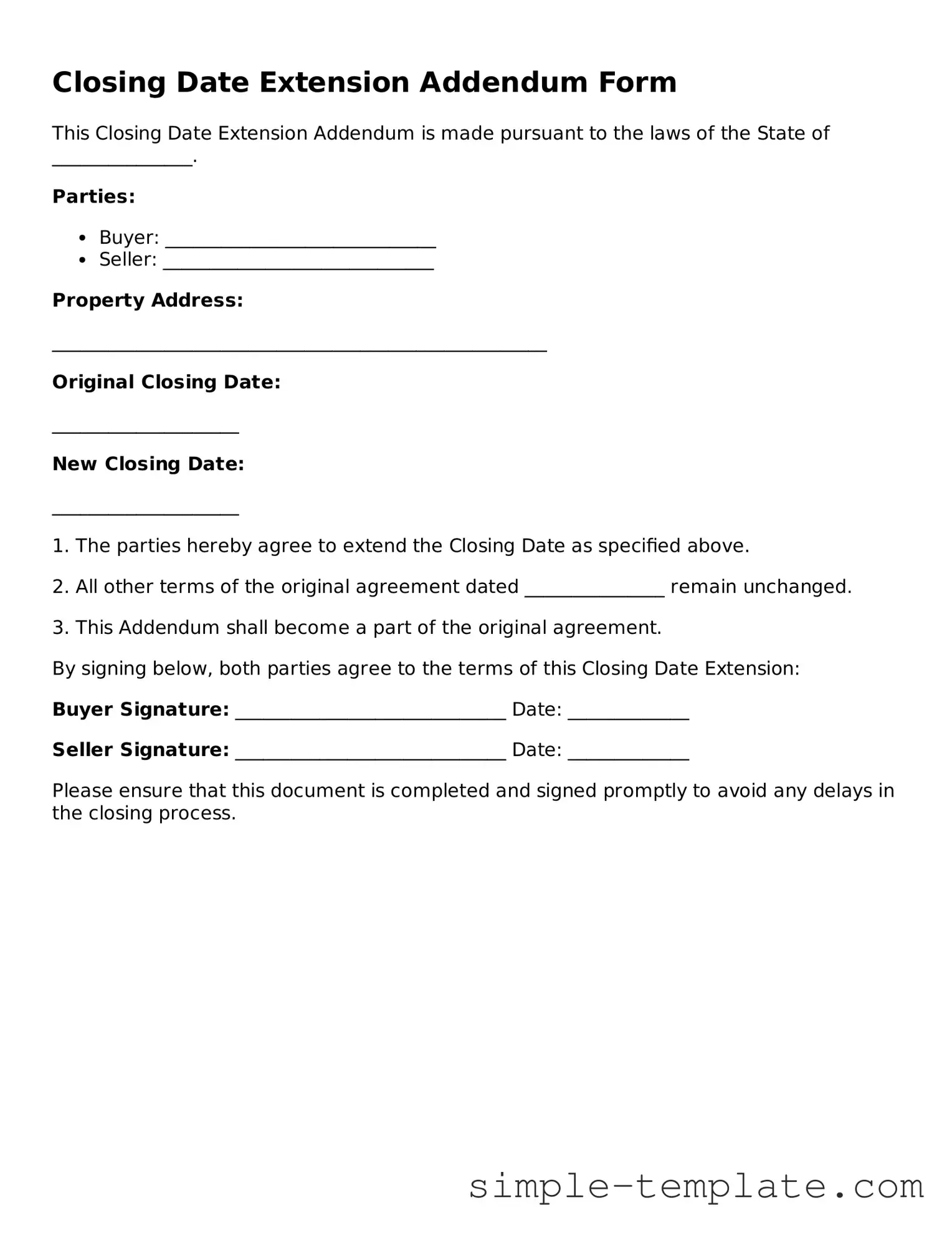 Closing Date Extension Addendum Form Form