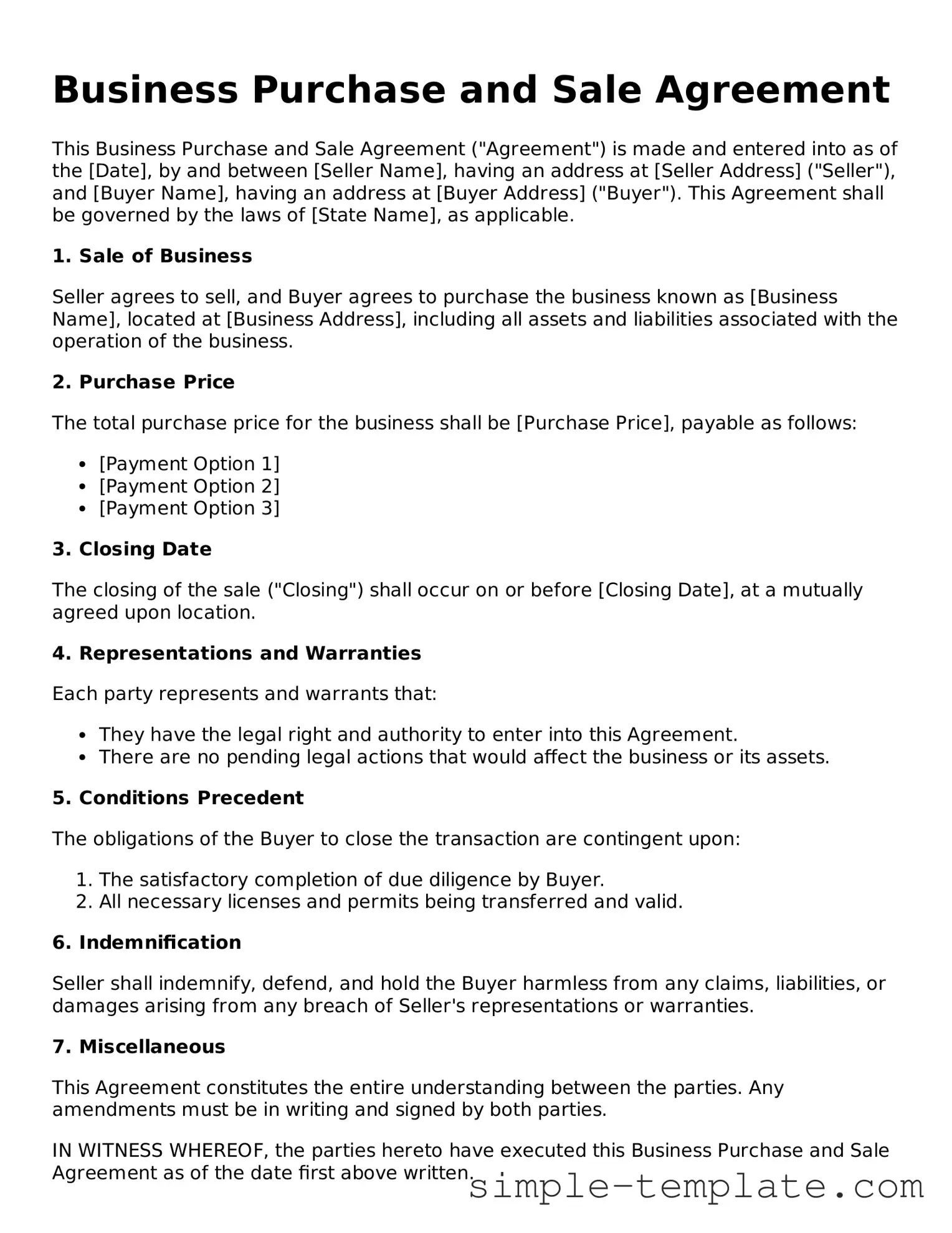 Business Purchase and Sale Agreement Form