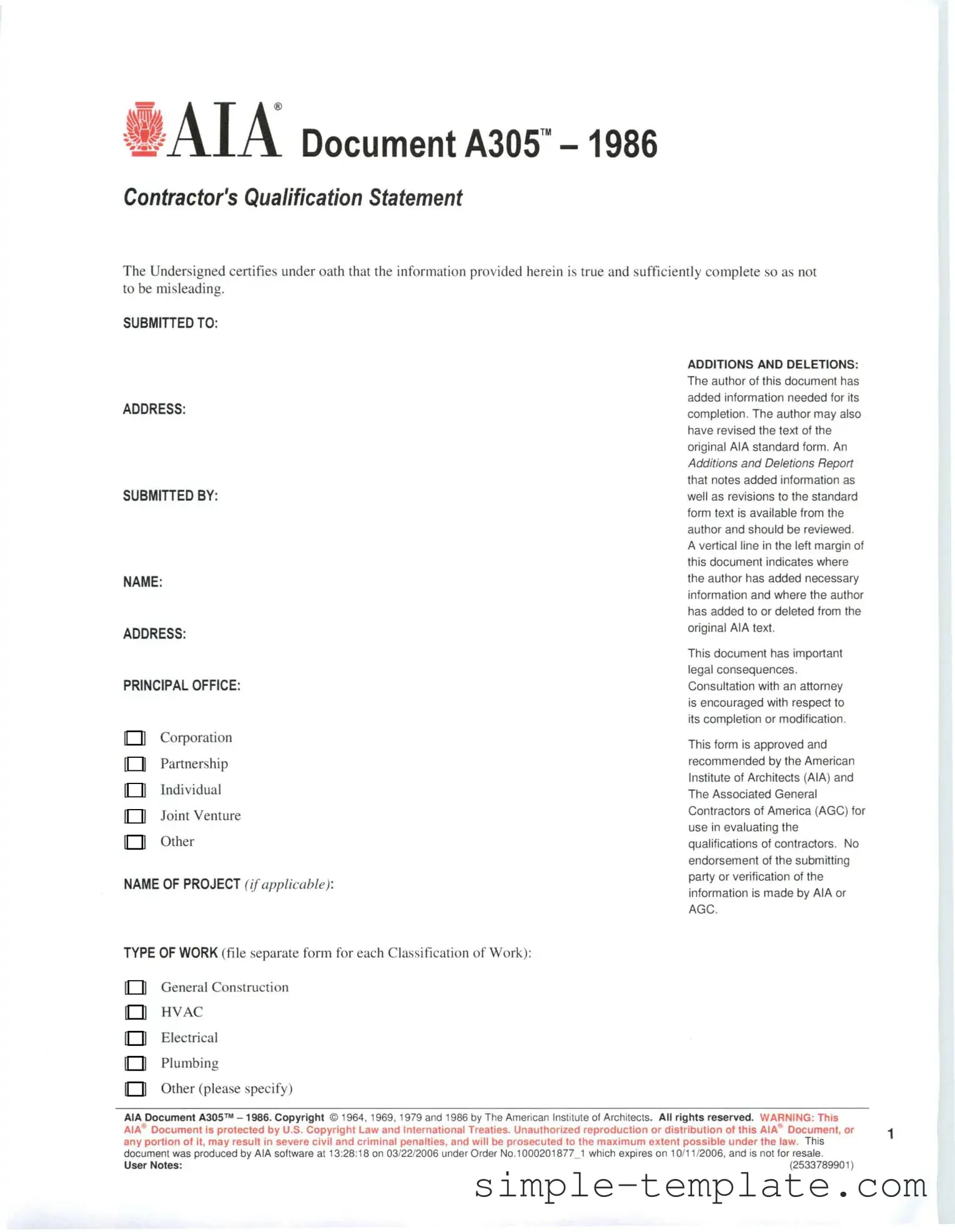 Free AIA A305 Form in PDF
