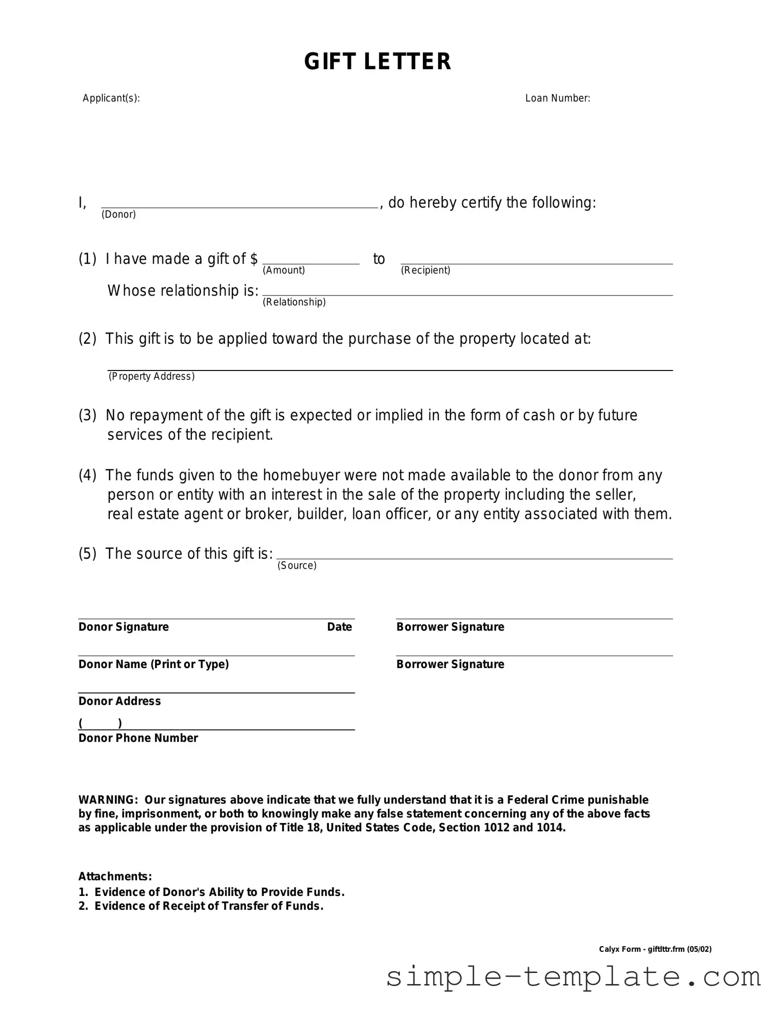 Free Gift Letter Form in PDF