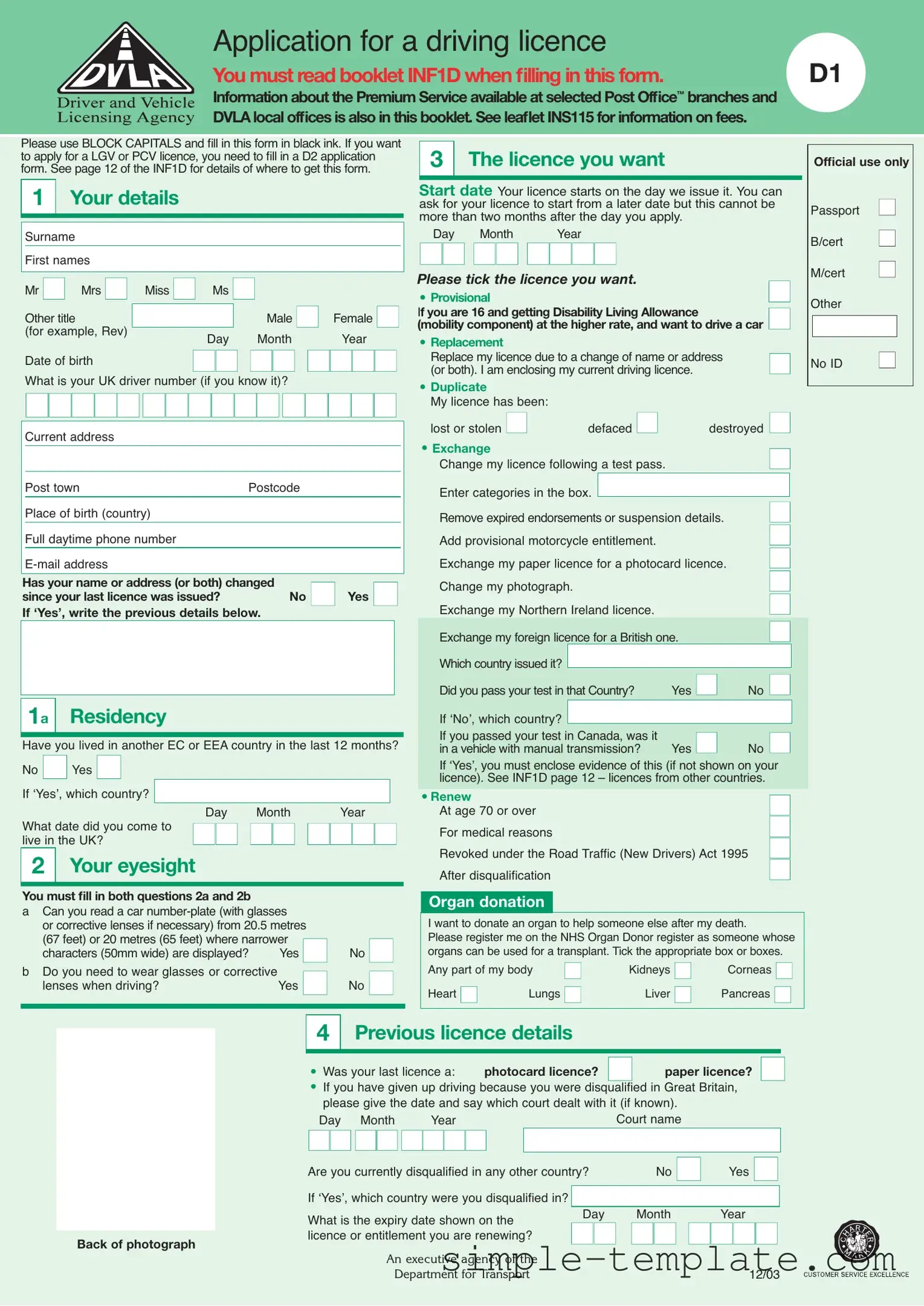 Free D1 Dvla Form in PDF