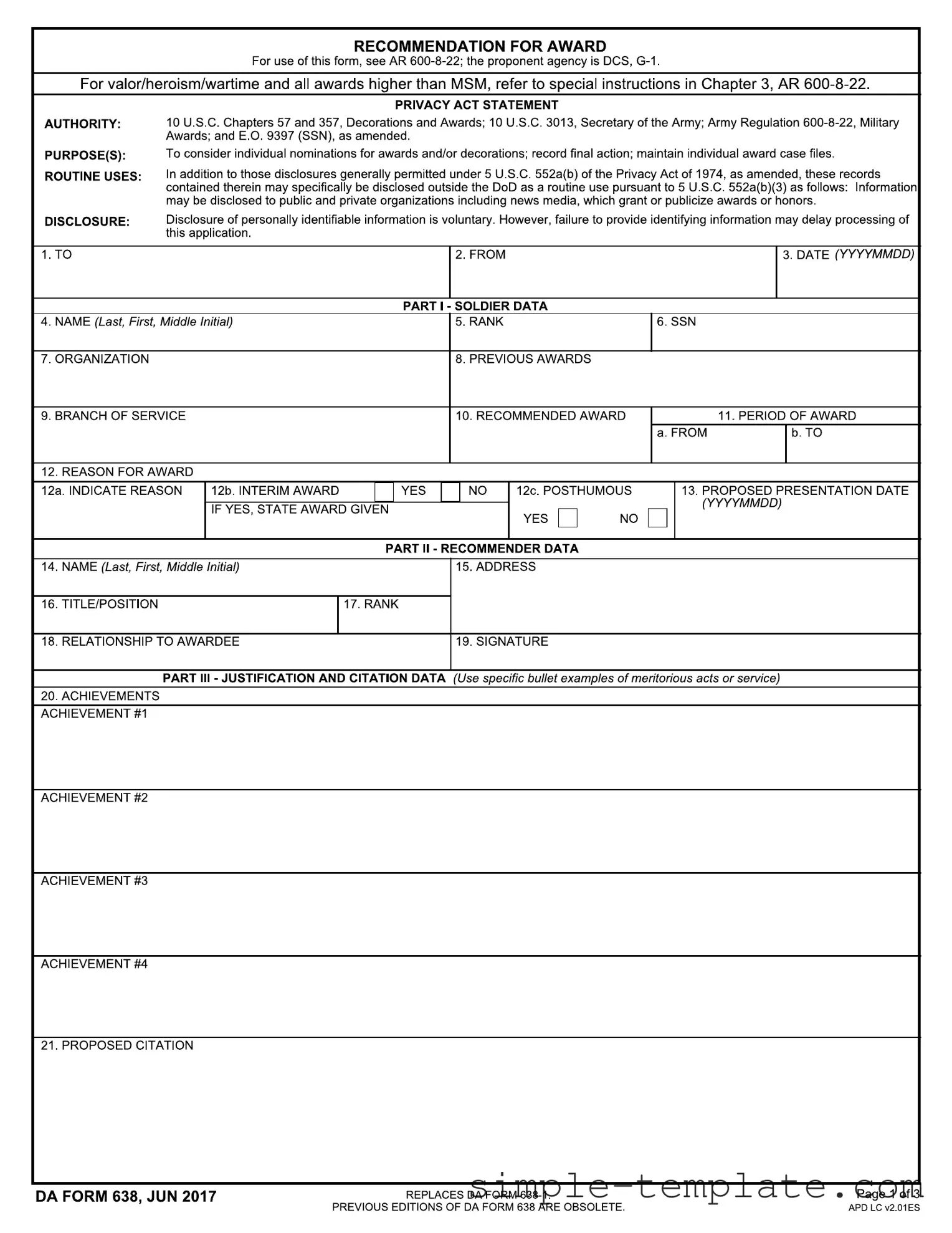 Free Da 638 Form in PDF