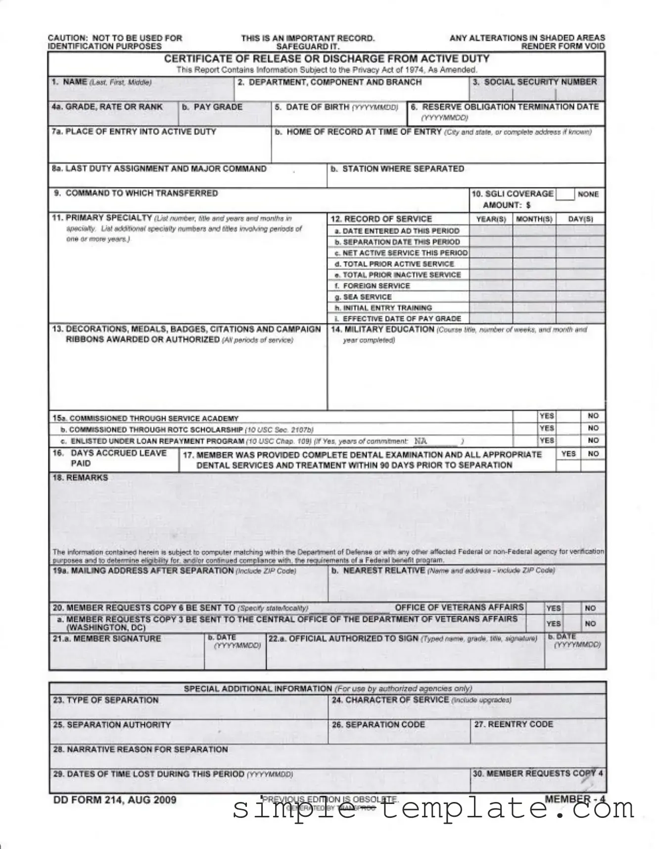 Free Dd 214 Form in PDF