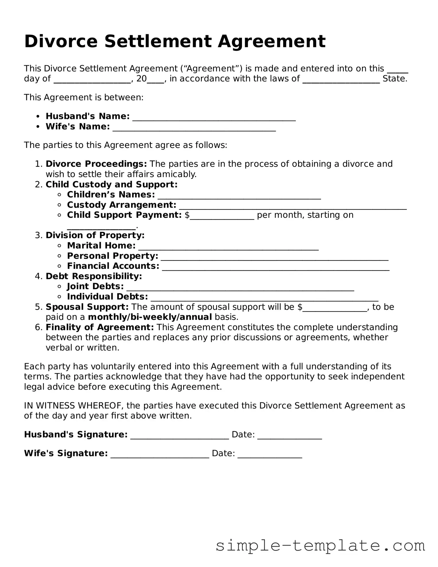 Divorce Settlement Agreement Form