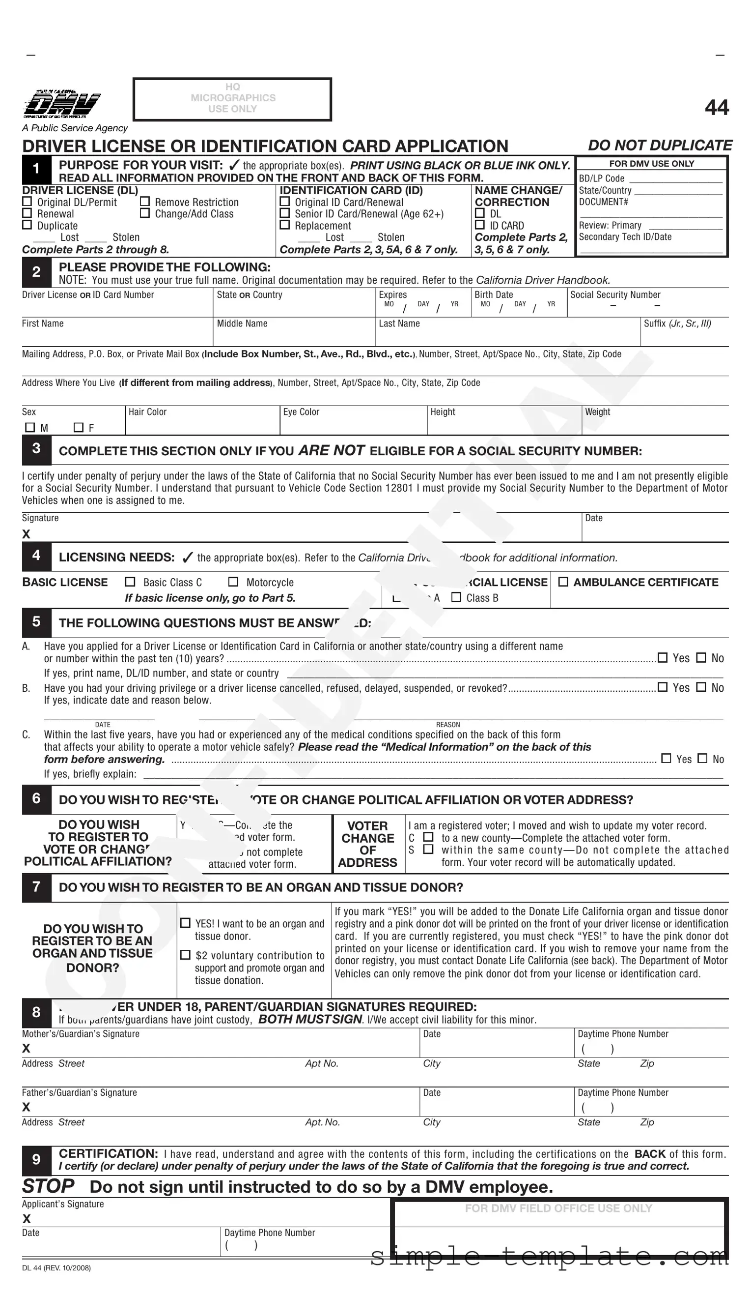 Free Ca Dmv Dl 44 Form in PDF