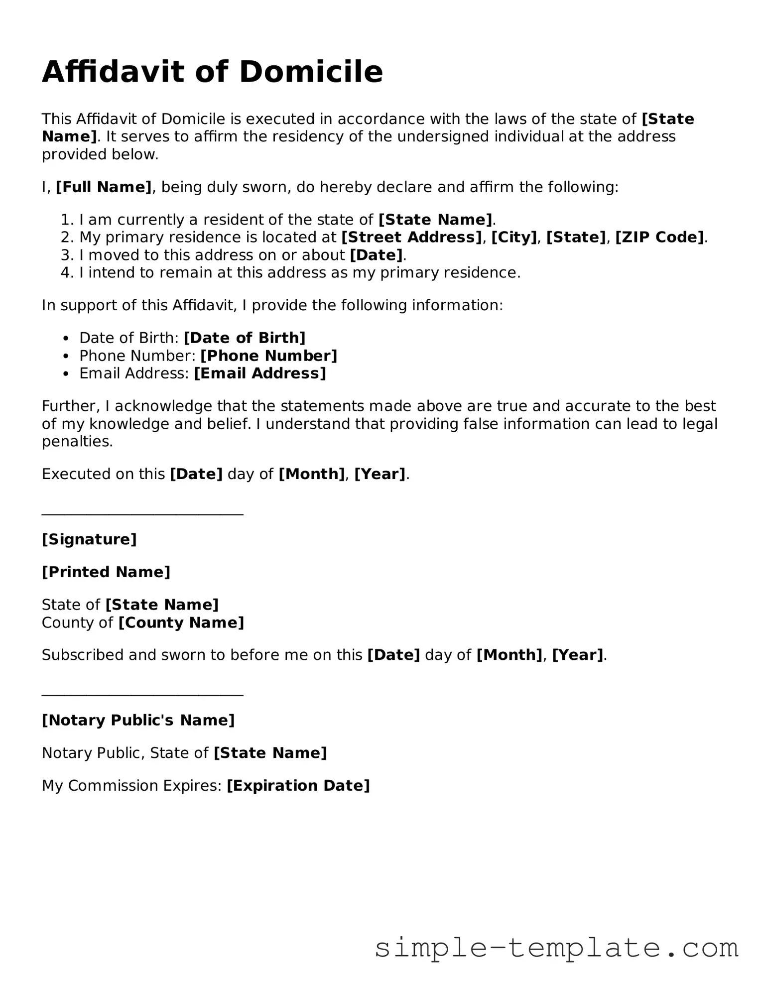 Affidavit of Domicile Form
