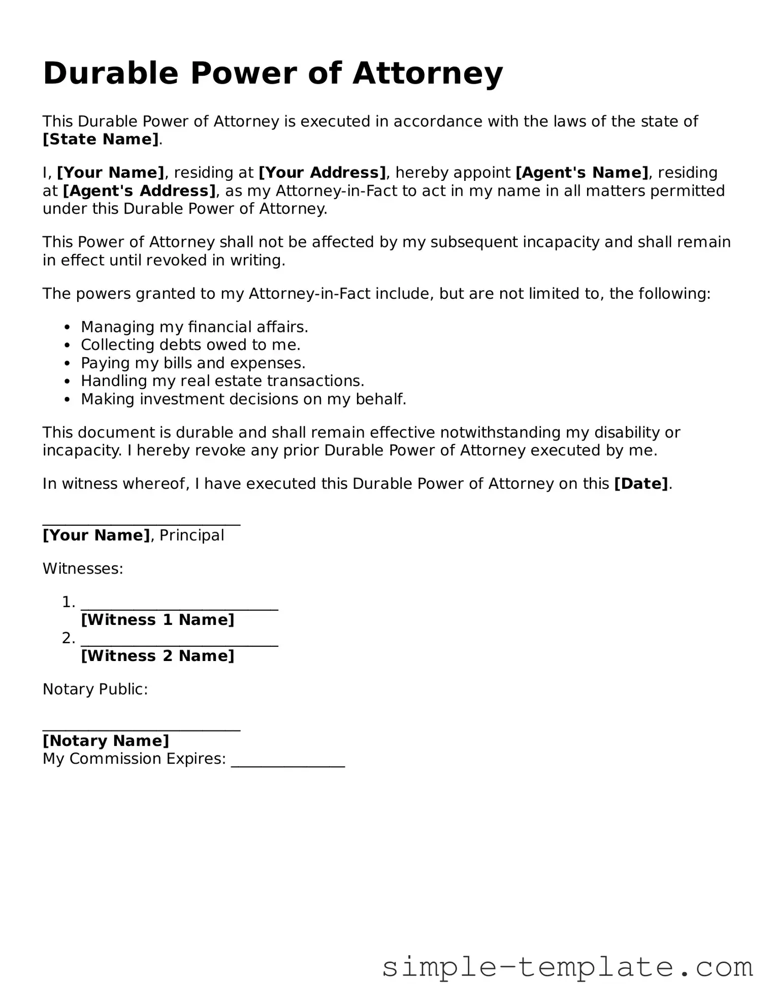 Durable Power of Attorney Form