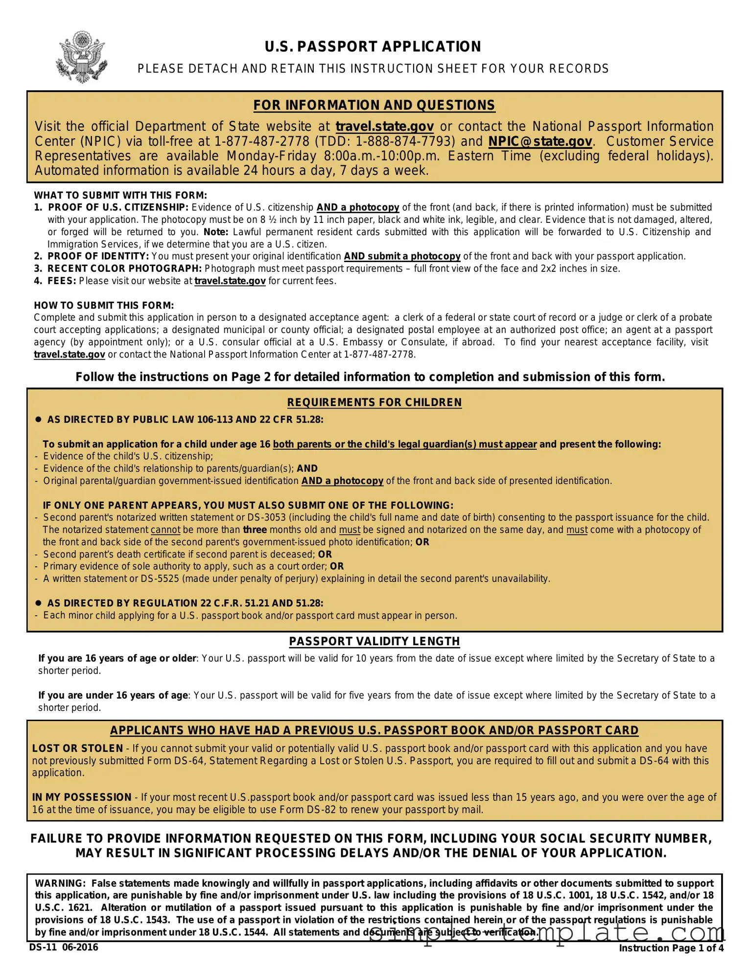 Free DS-11 U.S. Passport application Form in PDF