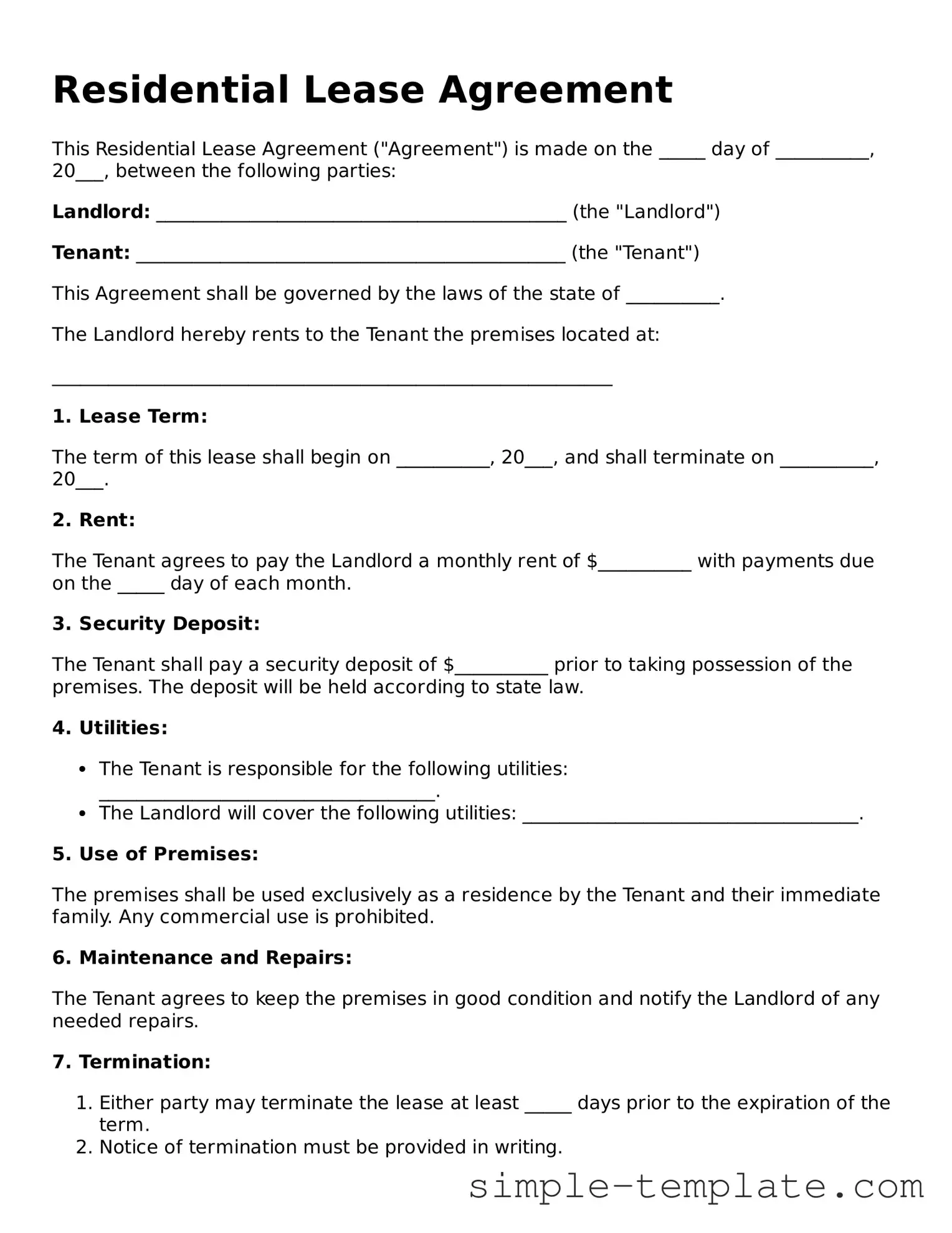 Residential Lease Agreement Form