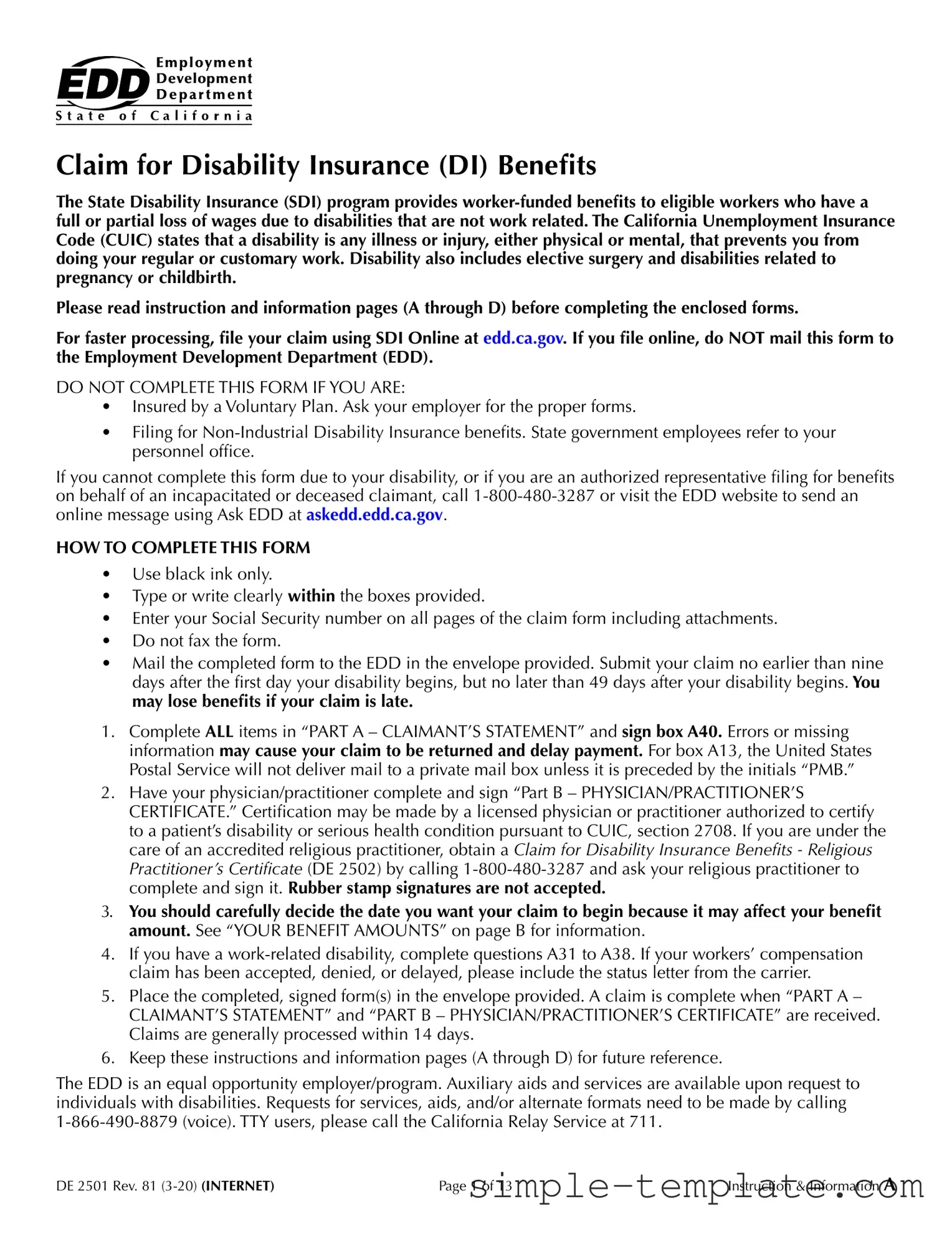 Free EDD DE 2501 Form in PDF