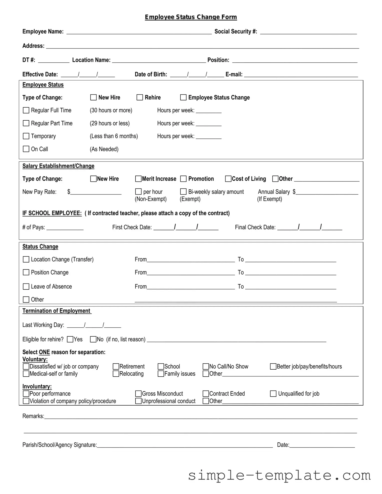 Free Employee Status Change Form in PDF