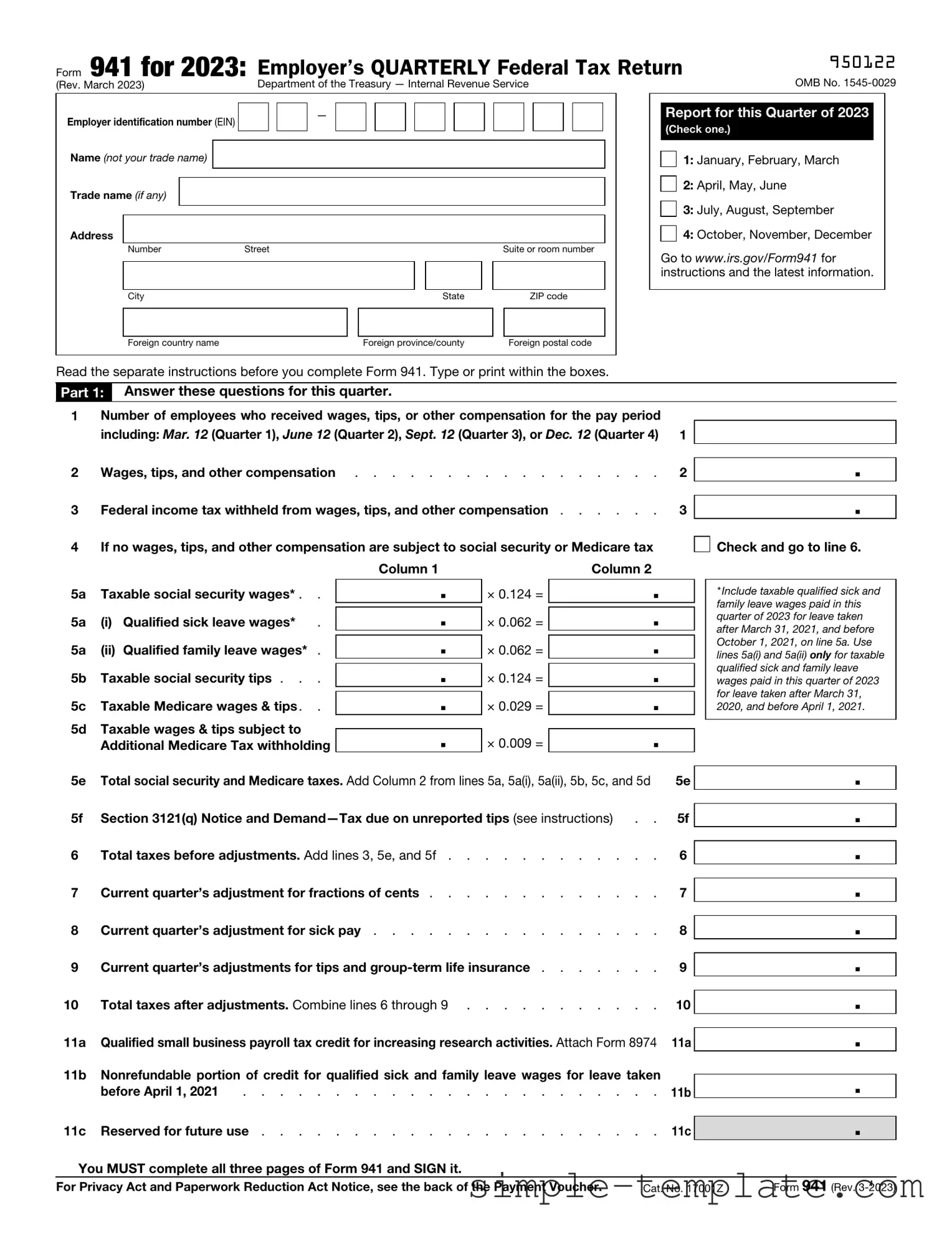 Free IRS 941 Form in PDF