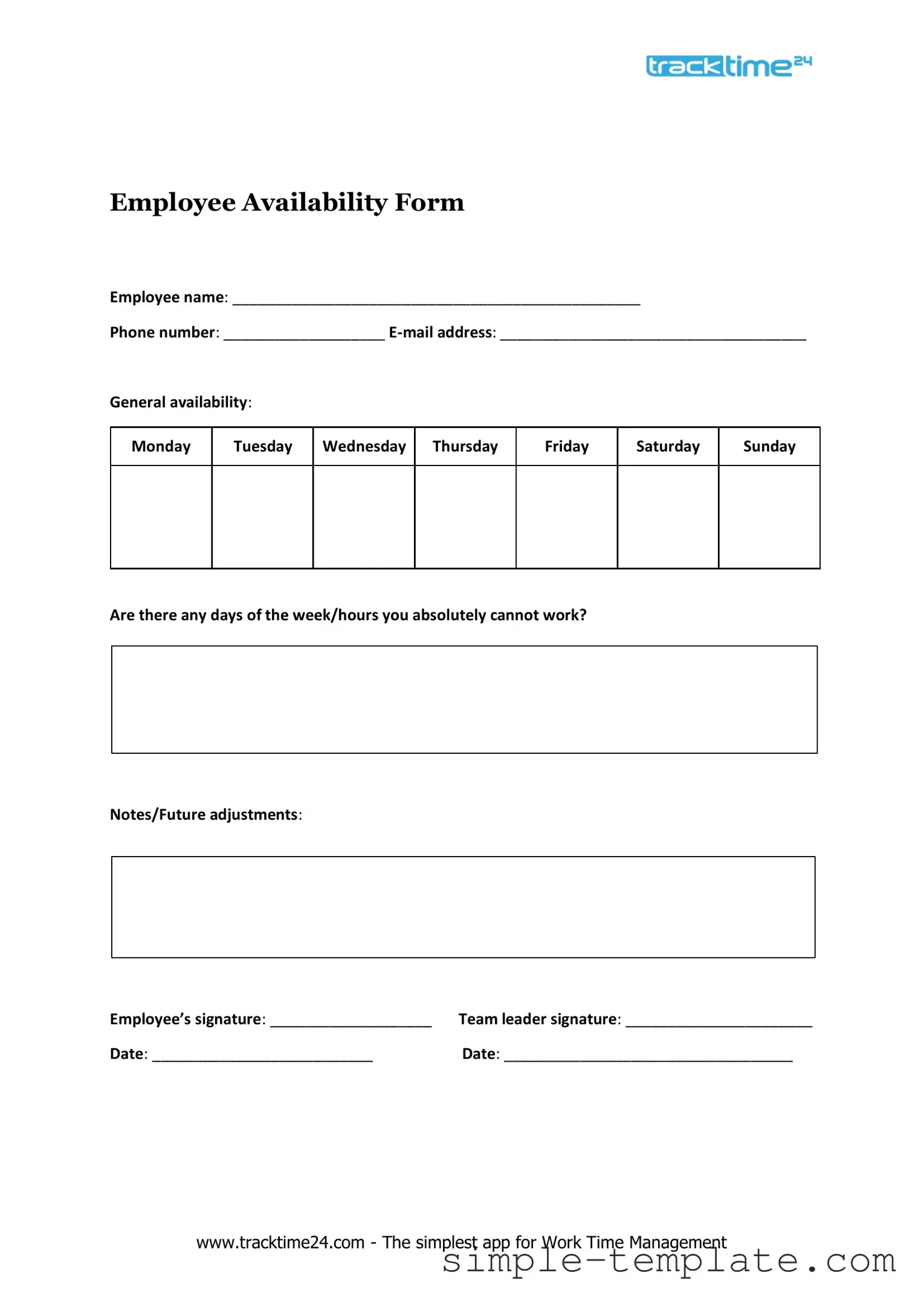 Free Employee Availability Form in PDF