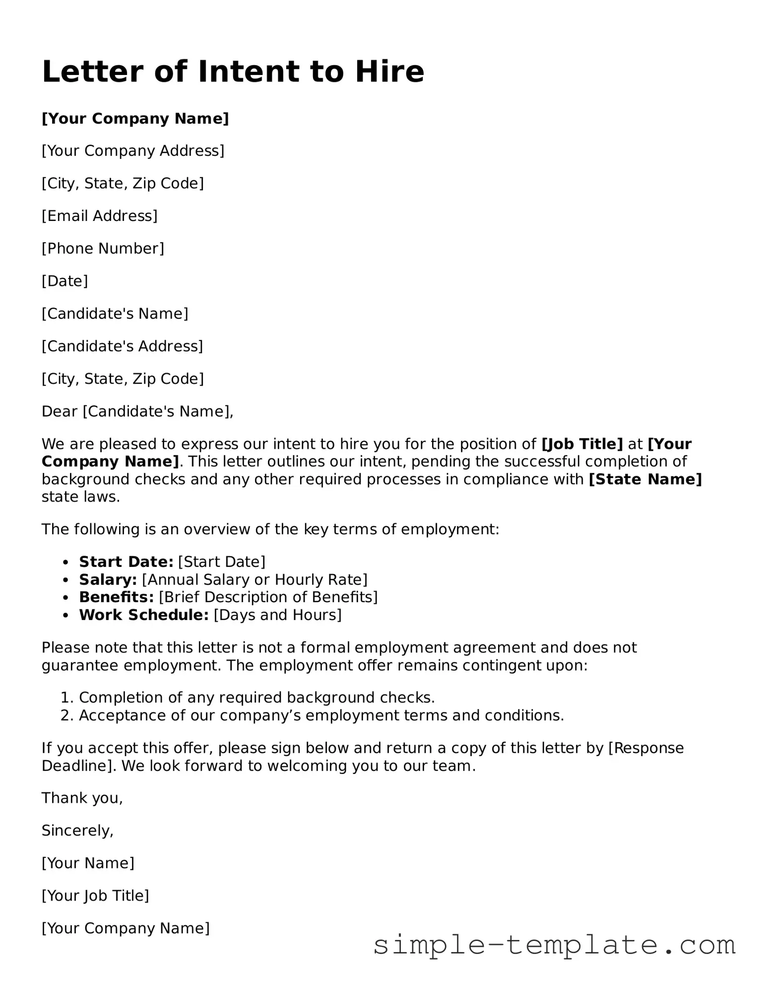 Letter of Intent to Hire Form