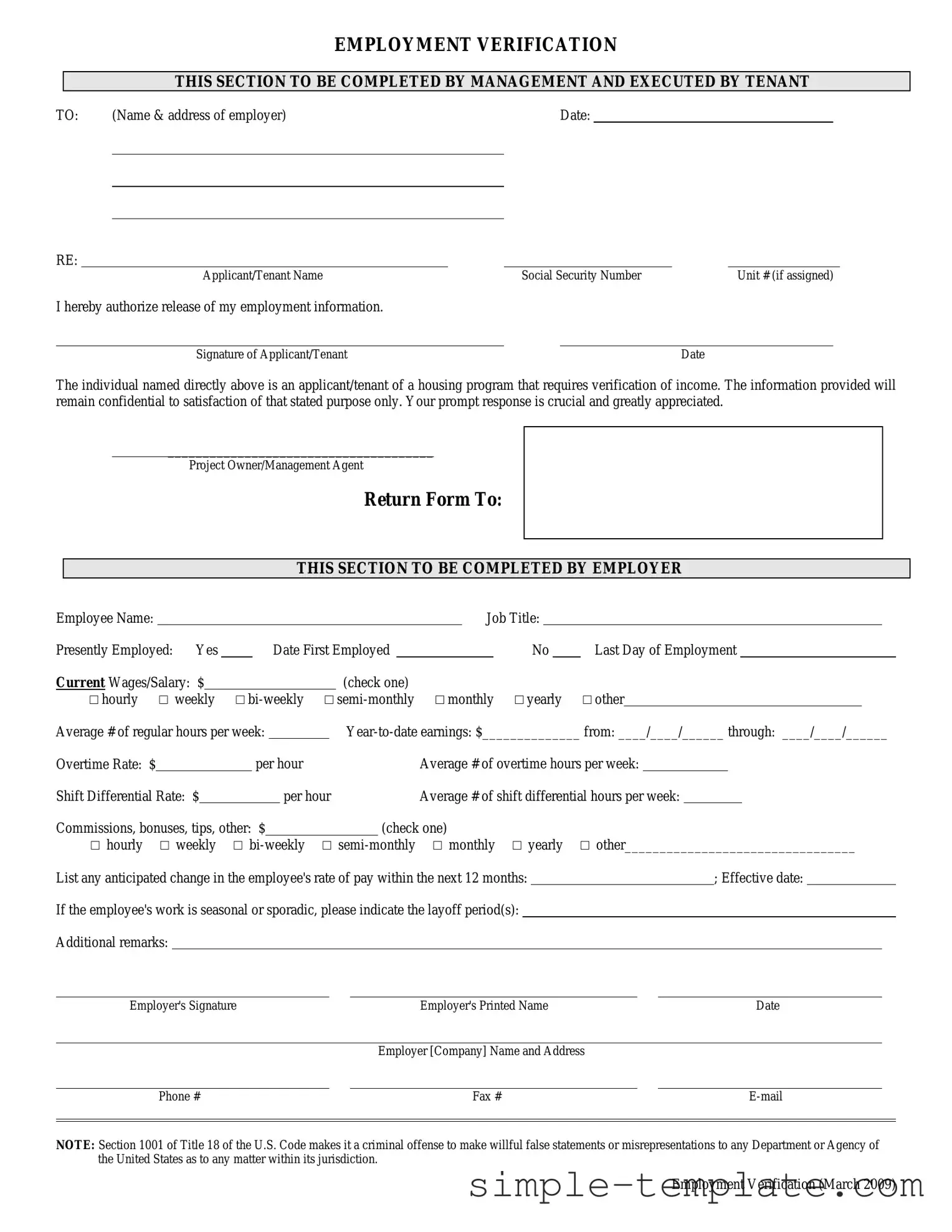 Free Employment verification form Form in PDF