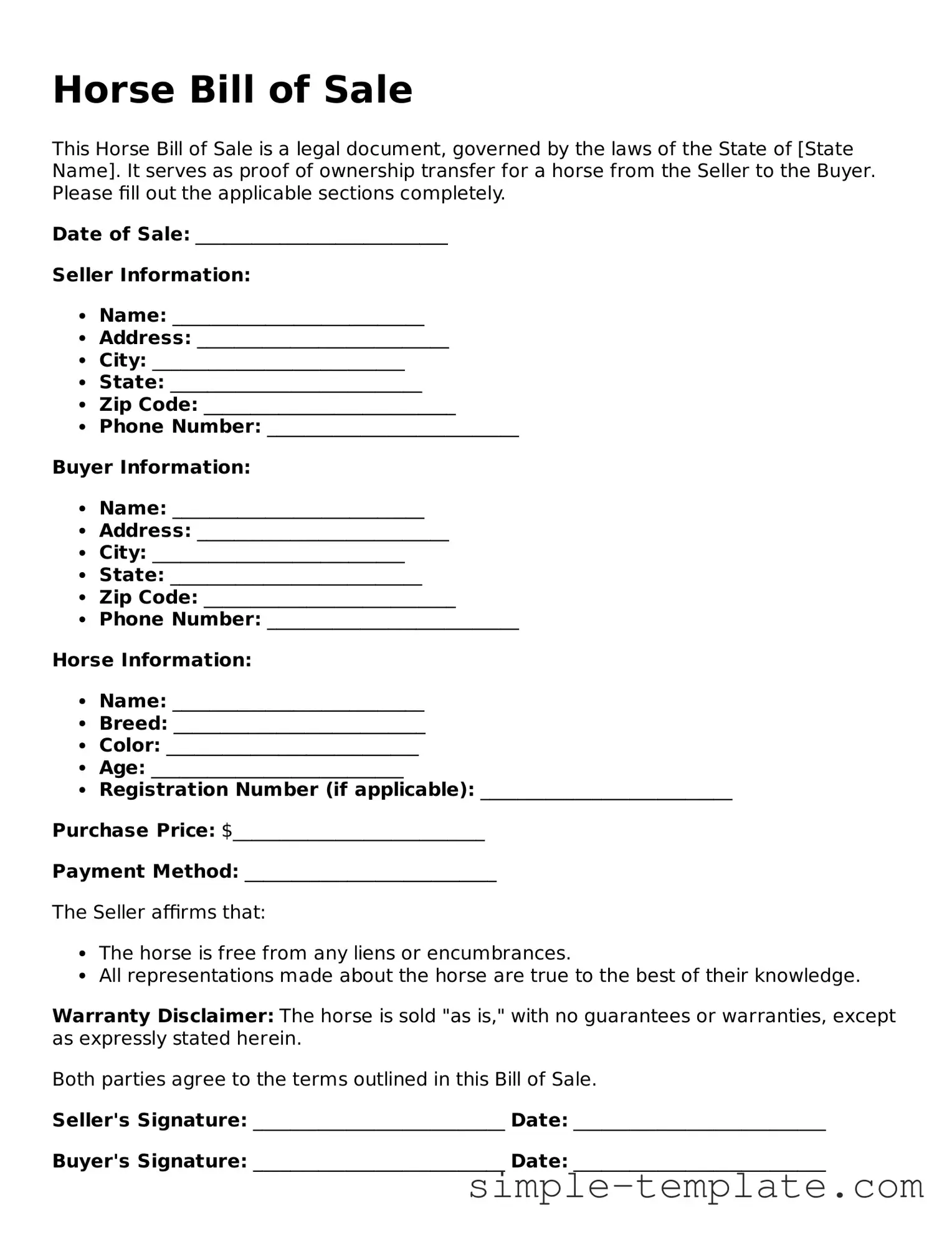 Horse Bill of Sale Form